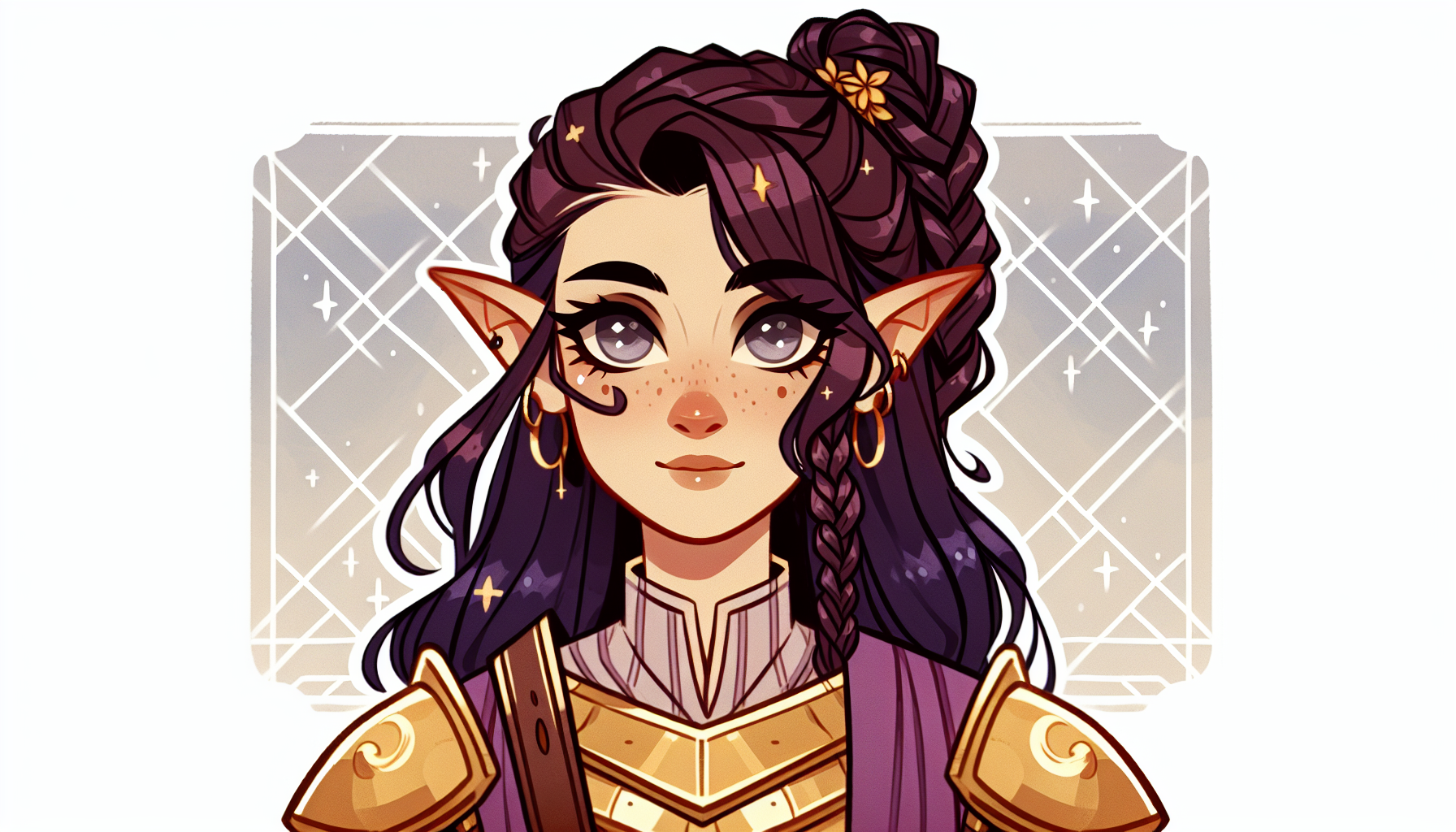 Young adult half-elf Dungeons and Dragons character, with braided purple hair, grey eyes, gold armour breastplate