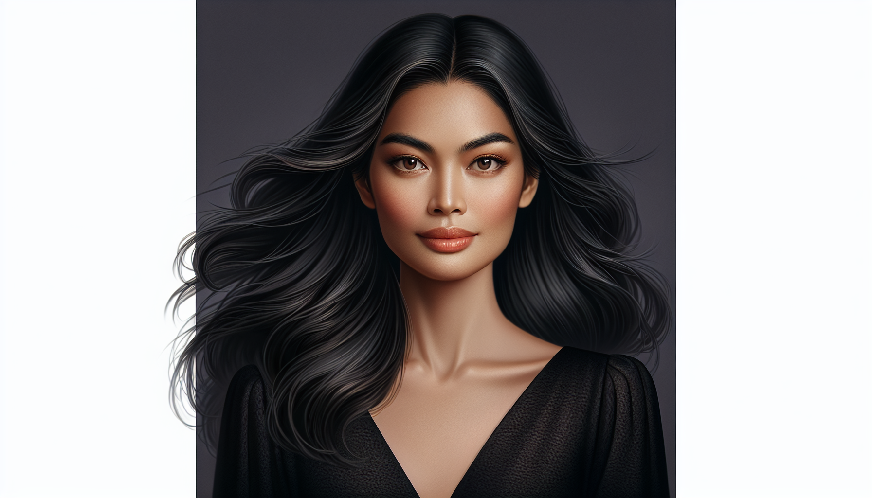 A beautiful Finnish Filipina with a goddess face features, long black hair, a light brown tantalizing eyes wearing a black dress that reveals her neck 