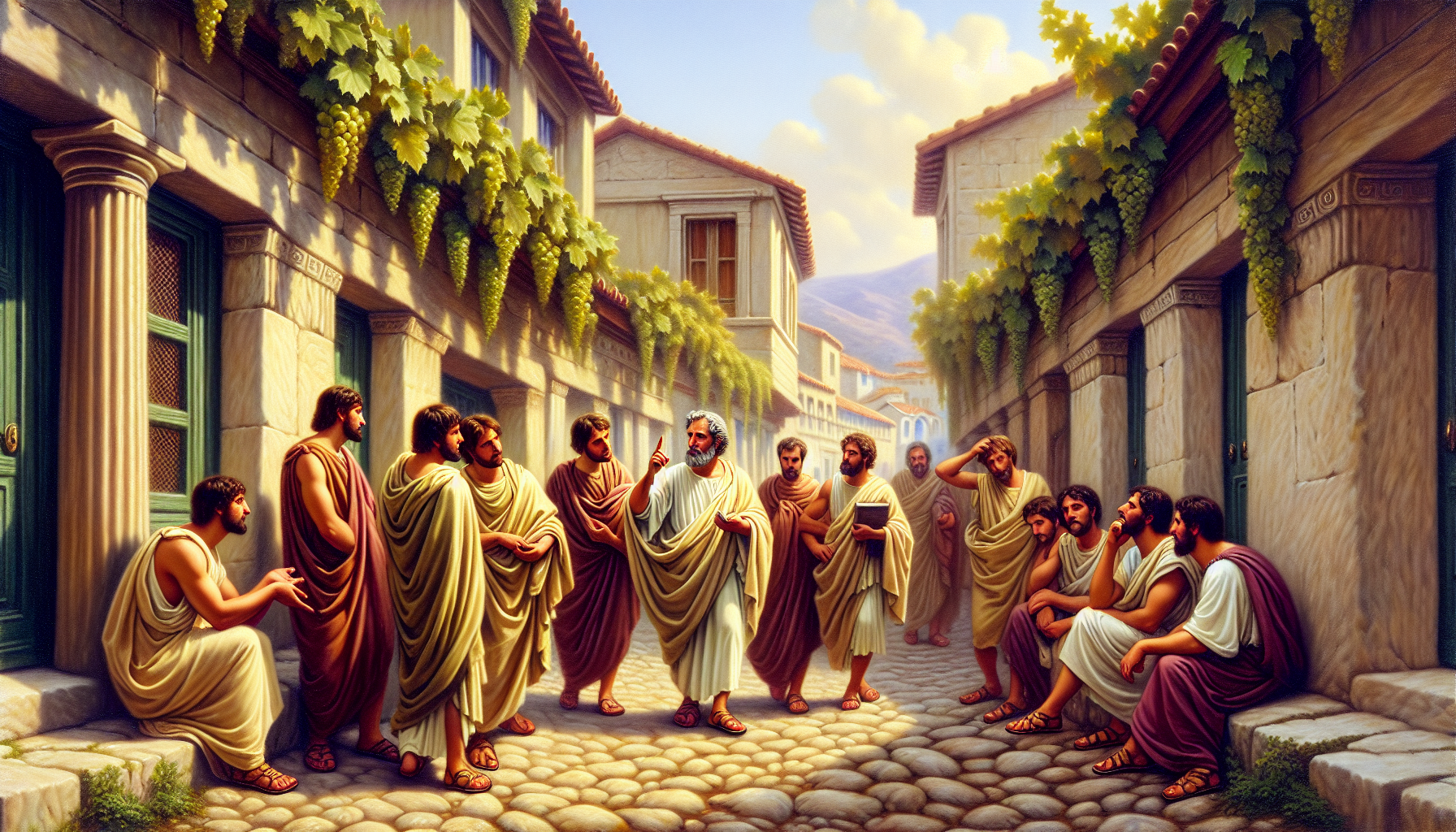 El filósofo Aristóteles caminando y hablando con sus discípulos que lo escuchan con atención y respeto en una calle de la antigua Grecia.