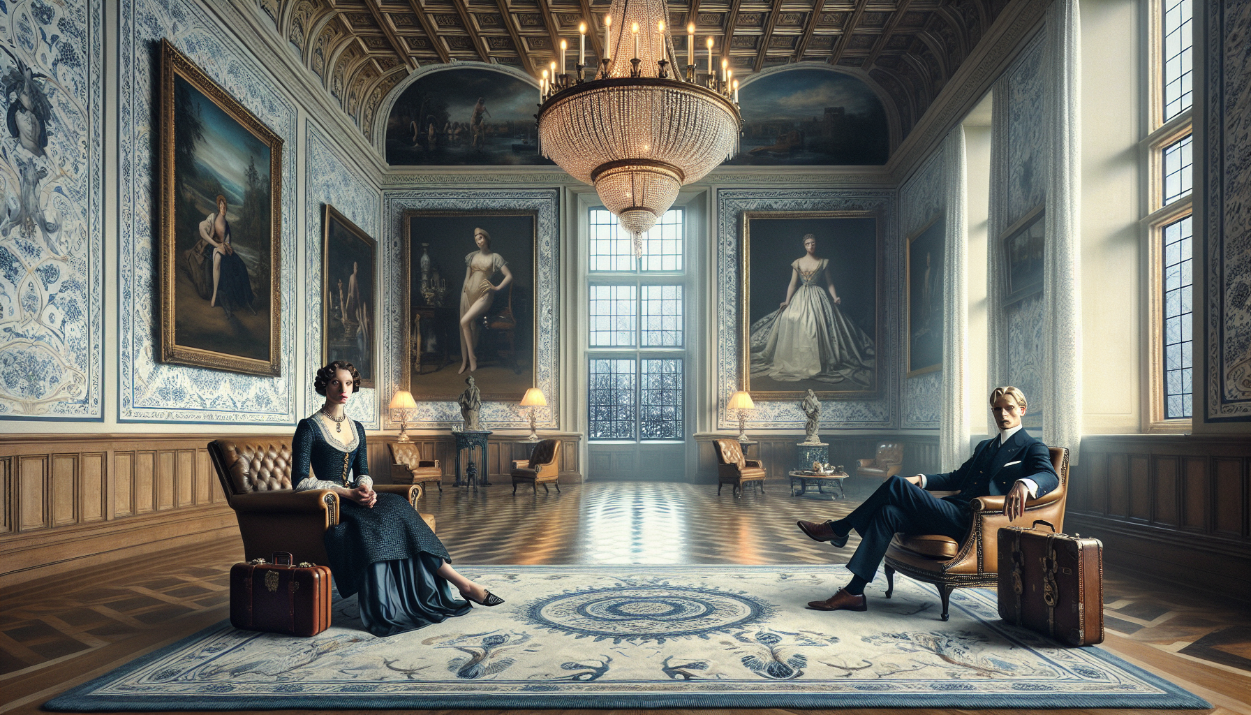 esta vez vemos a la dama sentada en un elegante juego de sillones de cuero, su maleta a su lado apoyada en el respaldo del sillon, vemos una gran alfombra de colores azul y blanco adornando el elegante y reluciente psio de madera, retratos de floreros, modelos y esculturas que reflejan la elegancia de la epoca renacentista, todo esto dentro del gran salon central de la mansion, con un gran candelabro de tres partes y diamantes en las puntas colgando del techo, podemos ver al hombre alto y de semblante serio y cabello rubio sentado  con los brazos cruzados y la mirada frente a la dama en uno de los sillones de la gran sala, una gran ventanal los acompaña en su lado izquierdo que acapara casi toda una pared de la mansion reflejando los copos de nieve cayendo, vemos claramente gracias a la luz del candelabro los diseños elegantes renacentistas en el papel de las paredes con colores azules, celestes y blanco, esta vez la paleta de colores se enfocara en un ambiente suave, lugubre, con colores un poco fuertes que demuestren la luz del gran candelabro y la nieve cayendo por el gran ventanal, que se vea el gran salon enteramente iluminado