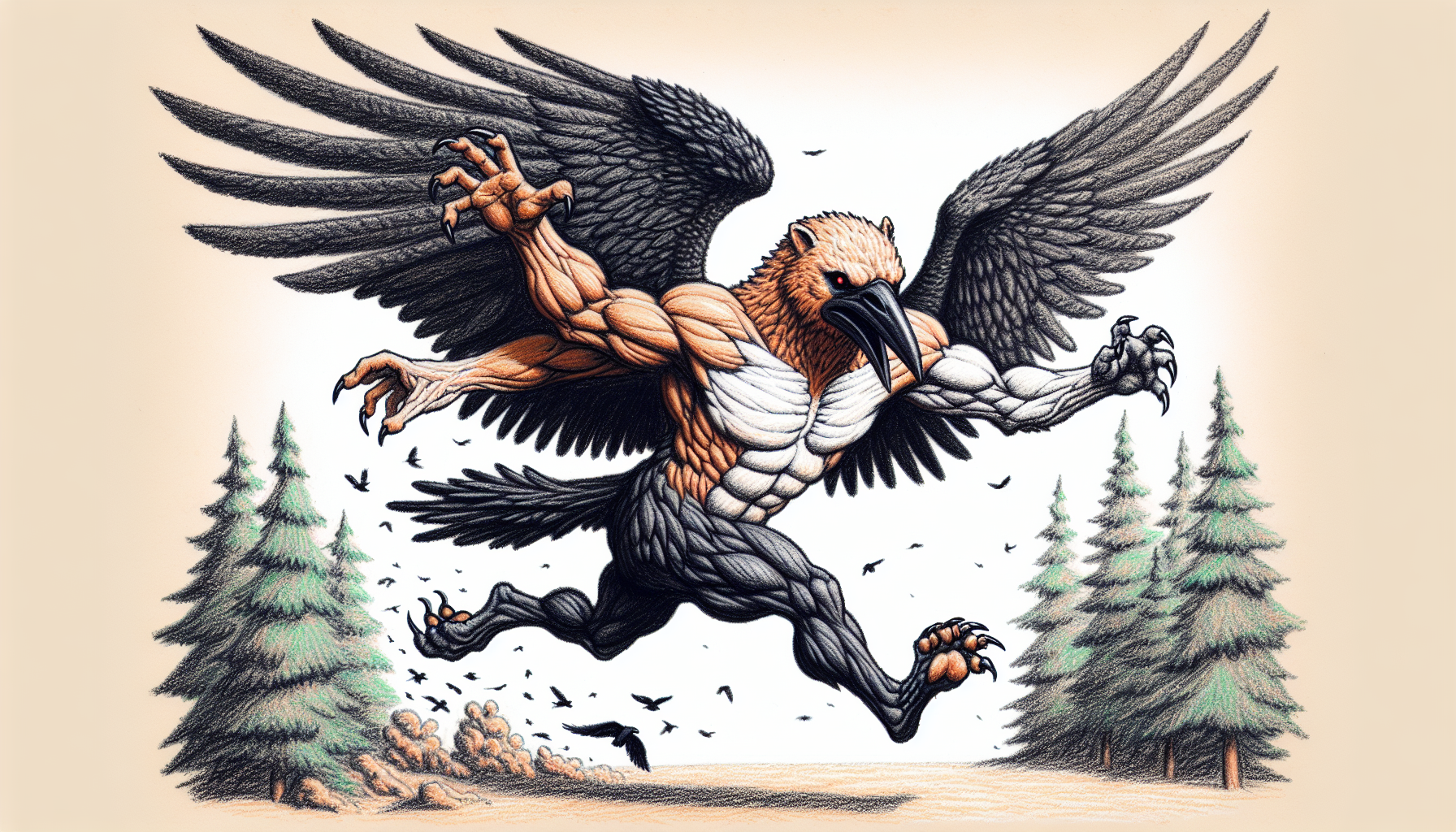 Crea la imagen de un ser poderoso, con cuerpo de oso, pero cabeza de cuervo, que tenga pezuñas y alas, no patas como extremidades. Hazlo en una posicion de correr tenso, como a punto de atacar, corriendo por un bosque.