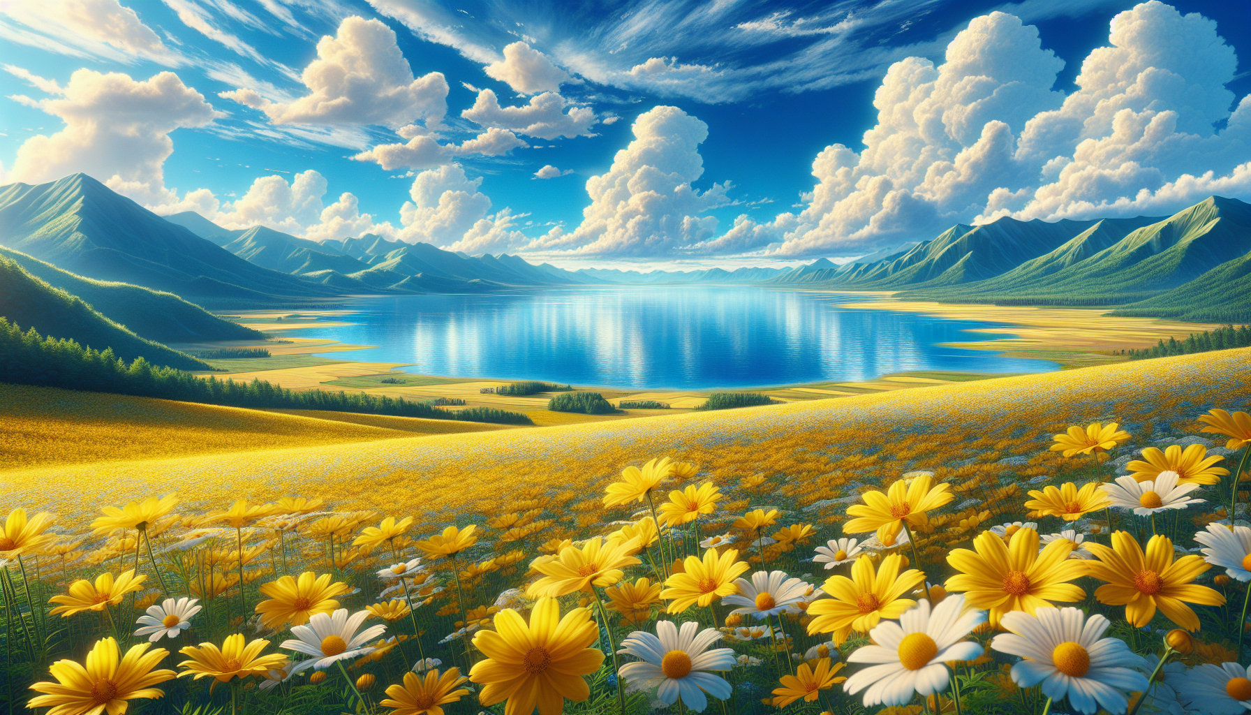  summer landscape overlooking a vast crystal-blue lake, captured from a low-angle perspective through a field of vibrant yellow wildflowers in full bloom. The foreground is filled with detailed yellow and white flowers gently swaying in a soft breeze, sharp focus and rich texture. Beyond the flowers, calm blue water stretches toward the horizon, reflecting the bright sky. In the distance, layered mountain ranges rise with soft earthy tones and subtle highlights, creating depth and scale. Above, a wide open sky dominates the scene, painted in vivid blue with large fluffy cumulus clouds drifting peacefully. Bright natural sunlight, clean atmosphere, ultra-detailed environment, cinematic wide-angle composition, deep depth of field, vibrant natural colors, global illumination, HDR lighting, serene and uplifting mood, anime cinematic background art, Studio Ghibli-inspired scenery, professional landscape illustration, ultra-high resolution 8K quality.