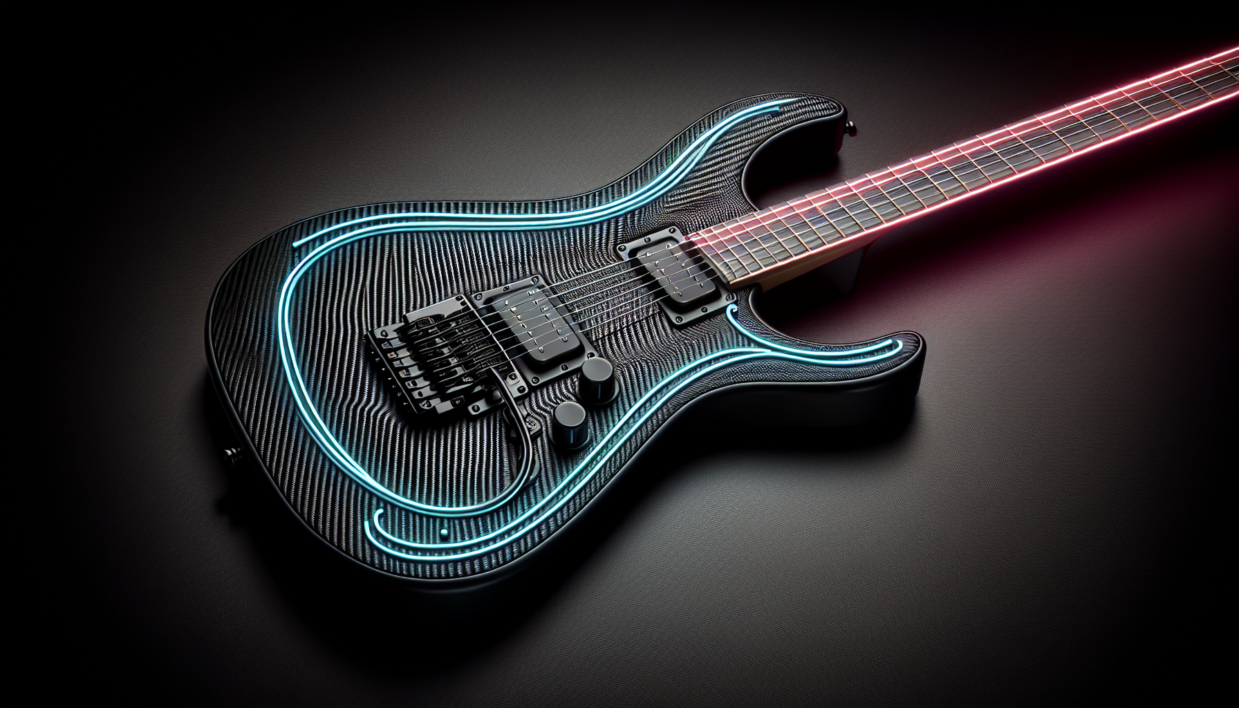 A black carbon-fiber electric guitar with neon-lit lines instead of strings, matte finish, non-reflective, set against a black background, 16:9 aspect ratio