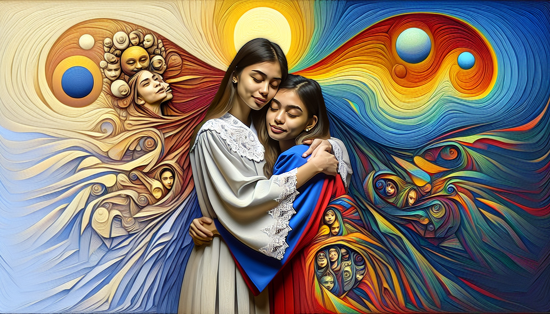 Generate an image of two young half Filipina mestiza women both beautiful in a graduation wardrobe hugging to each other surrounded by colors of white, yellow, red and blue in graduation atmosphere. The background a school with the sun and the moon dividing the colors from light to dark.