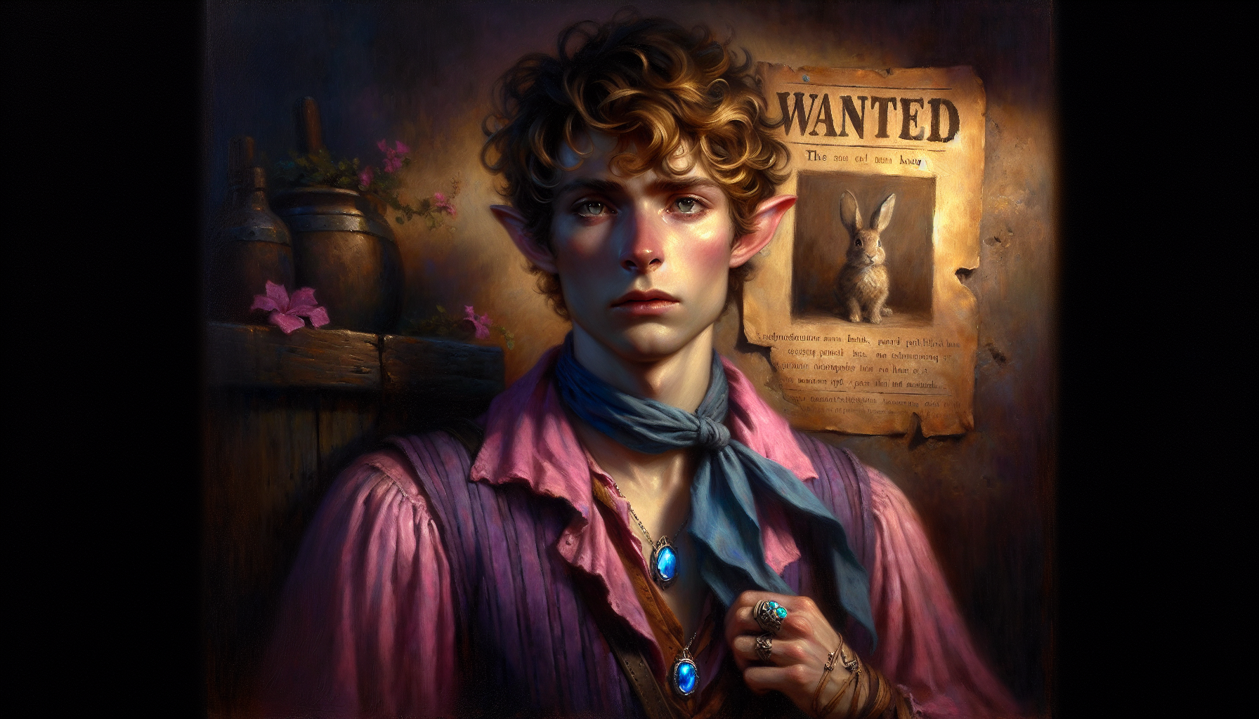 detailed oil painting, "Wanted" poster style, a weary young halfling bard with handsome features, forced cheerful expression, tired light eyes with a hidden spark of hope, tousled dusty golden curls, wearing a wilted purple dress with pink inserts, a crooked blue bow, a vibrant pink silk scarf around his neck, a glowing blue gemstone pendant, a delicate bracelet with a rabbit charm on wrist, standing before a dim tavern wall with a torn illegible "Wanted" notice, melancholic and whimsical atmosphere, dramatic chiaroscuro lighting, visible brushstrokes, somber color palette with accents of faded purple, dusty pink, and bright blue gemstone, full body portrait, 8k, high detail