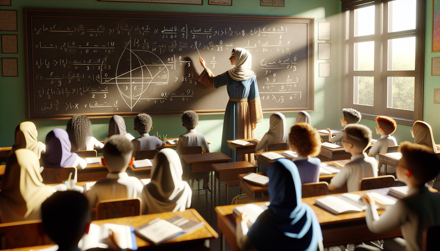 Create a picture of a girl teaching at school