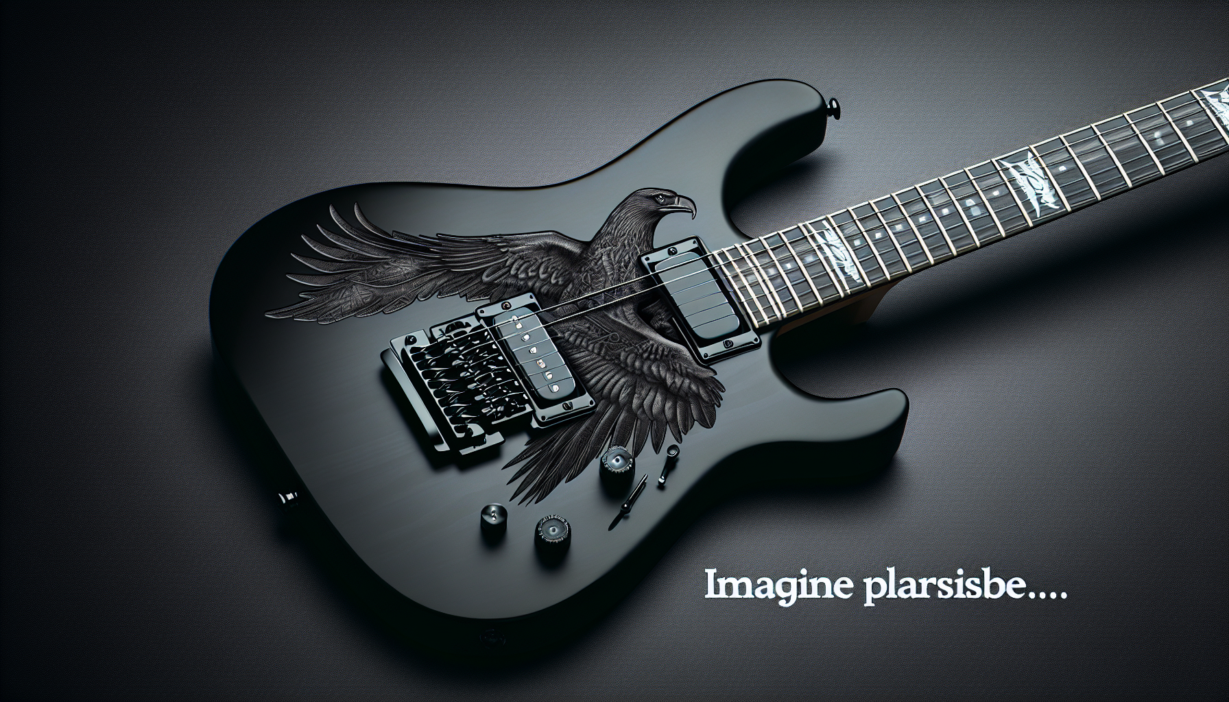 a black electric guitar with a faint double headed eagle engraved onto its body. matte-finish