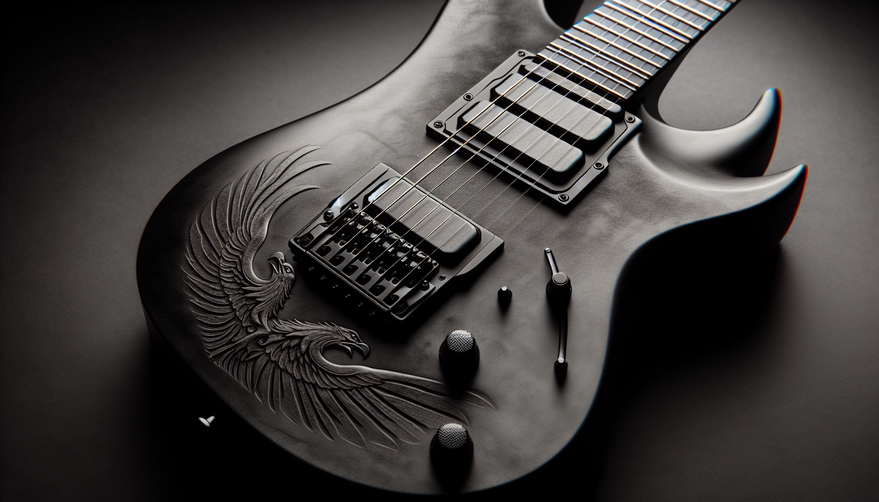 a black electric guitar with a faint double-headed eagle engraved onto its body. matte-finish