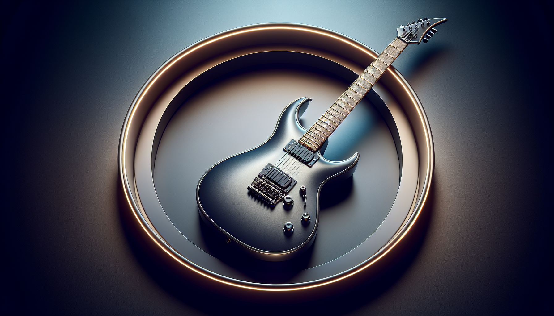 A circular image featuring a single electric guitar centered in the frame, occupying the entire circular space, with a clean background or no background, realistic or slightly stylized lighting highlighting its sleek body, glowing metallic finish, and fine details such as fretboard, strings, and headstock, no other objects or text.