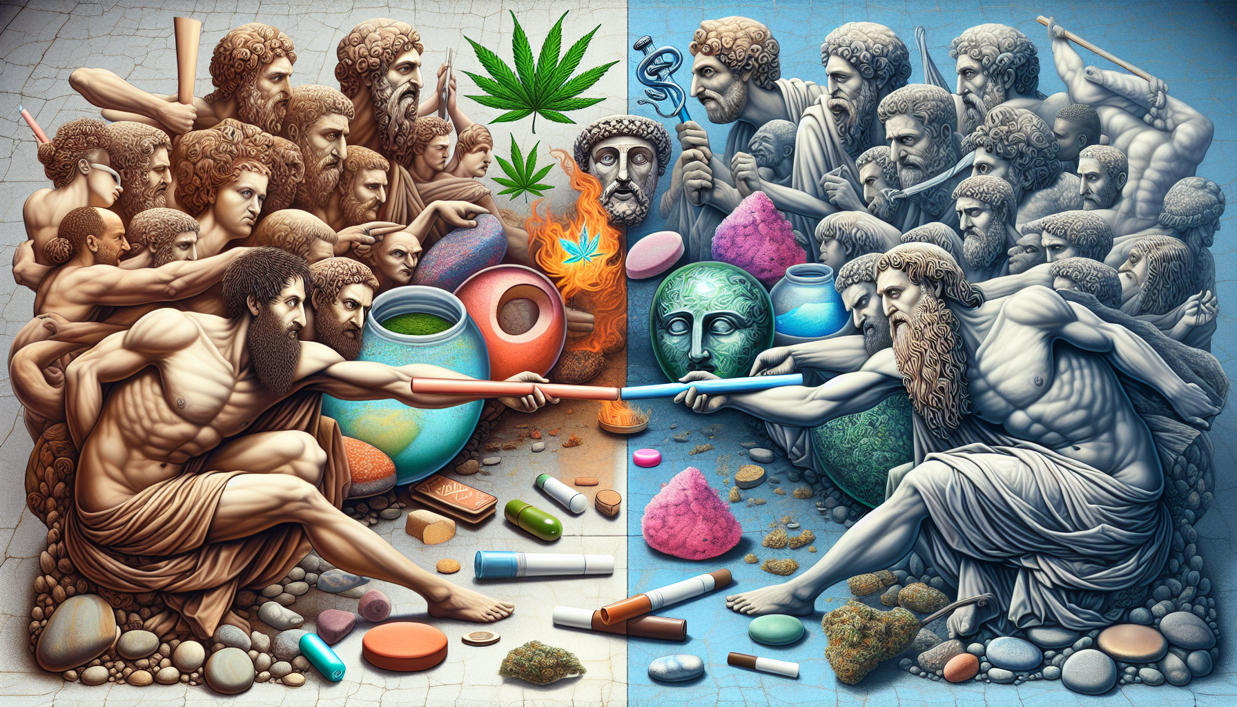 pelea entre la prohibición o legalización de las drogas, en las que salgan representadas las drogas en un bando y epicuro en otro, sin texto y en epañol

