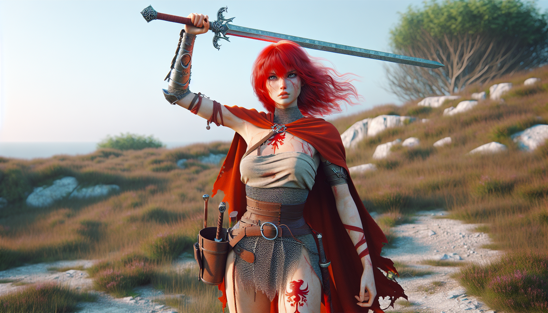 Sister repentica + on a hill + chainsword in right hand + "naked" +  red ribbon tied around the hair + wax purity seals burned into left arm + full frontal view + right arm raised above head + red pubic hair + violet eyes + sword held high