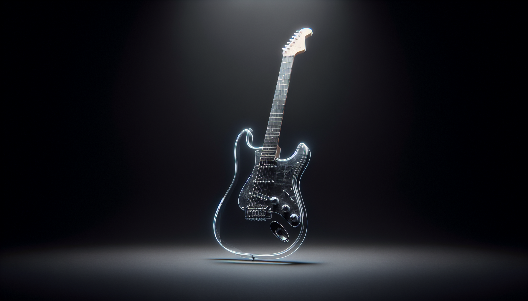 Transparent electric guitar on plain black background, soft ambient glow, minimalist lighting, moody and atmospheric.
