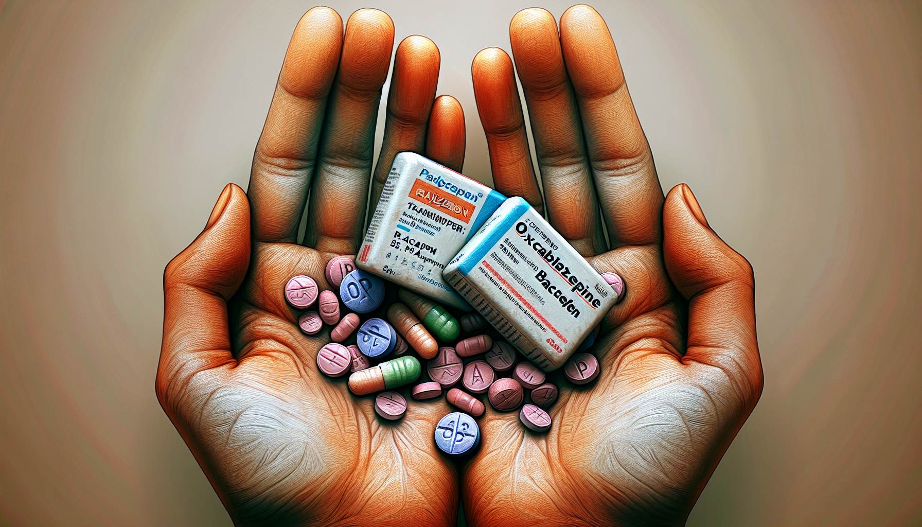 Generate a photo of Oxcarbazepine and balcofen medicine in brown girls hand from up view 
