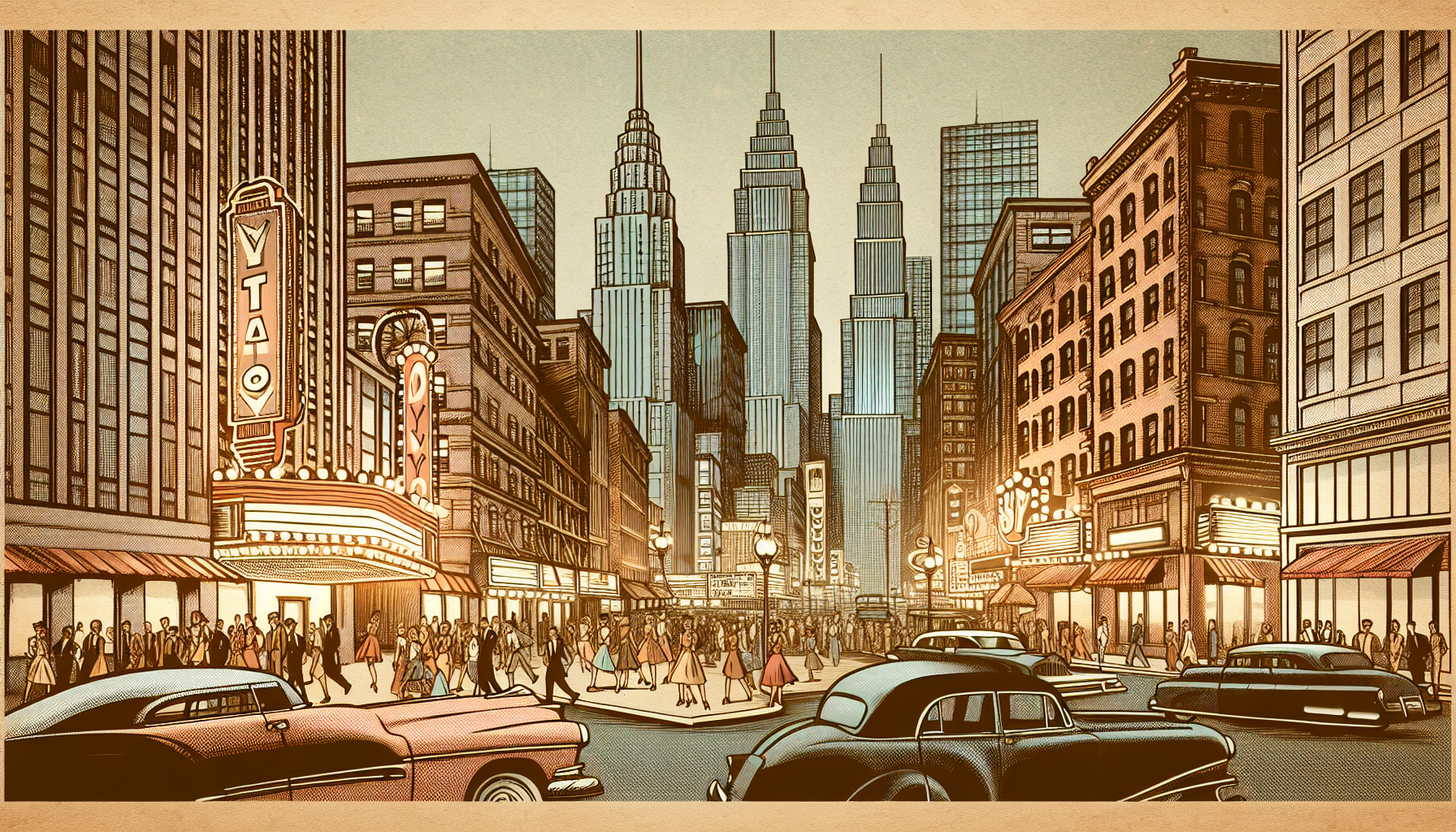 big city skyline, 50s, retro bd, vintage