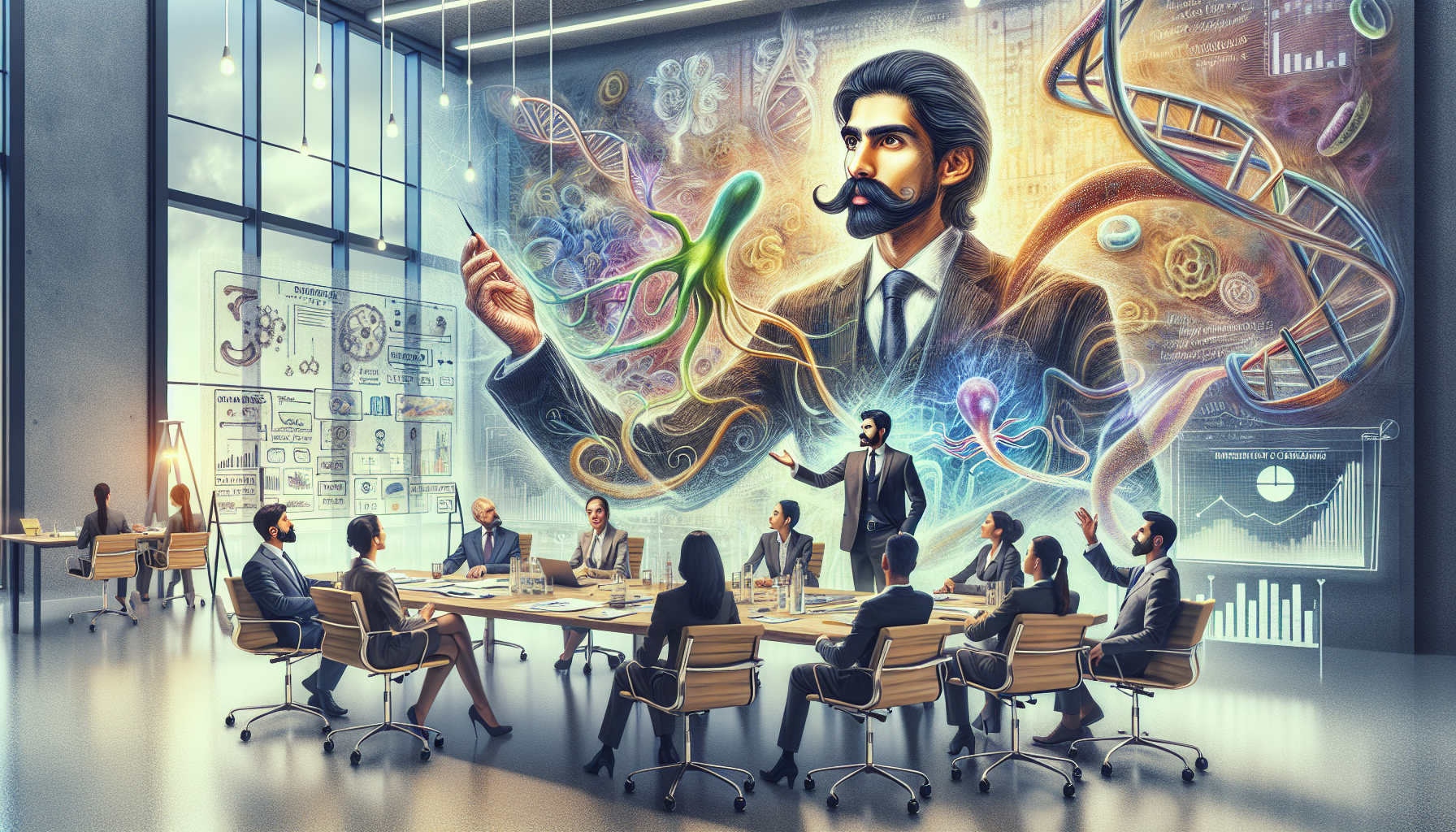 create an image of a Pakistani man who is a life science engineer without a moustache leading a discussion in the boardroom.