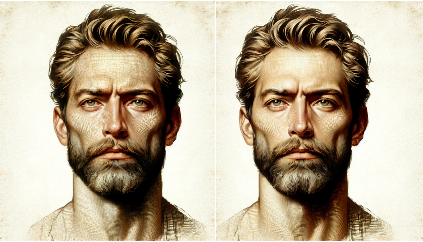 a man with a short beard and short hair, about 45 years old, a slightly sharp and slightly long nose, of strong build
