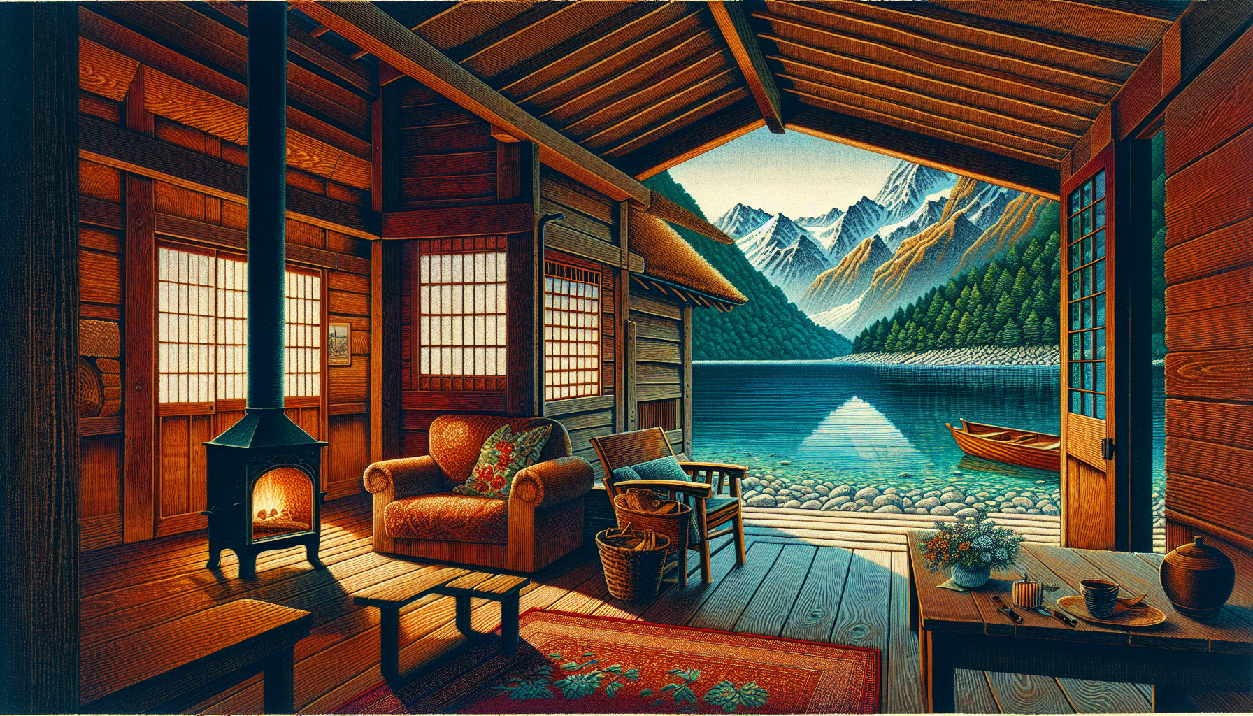 "Una cabaña acogedora de madera frente a un lago cristalino en las montañas, interior visible con una chimenea encendida, estilo fotografía de National Geographic."
