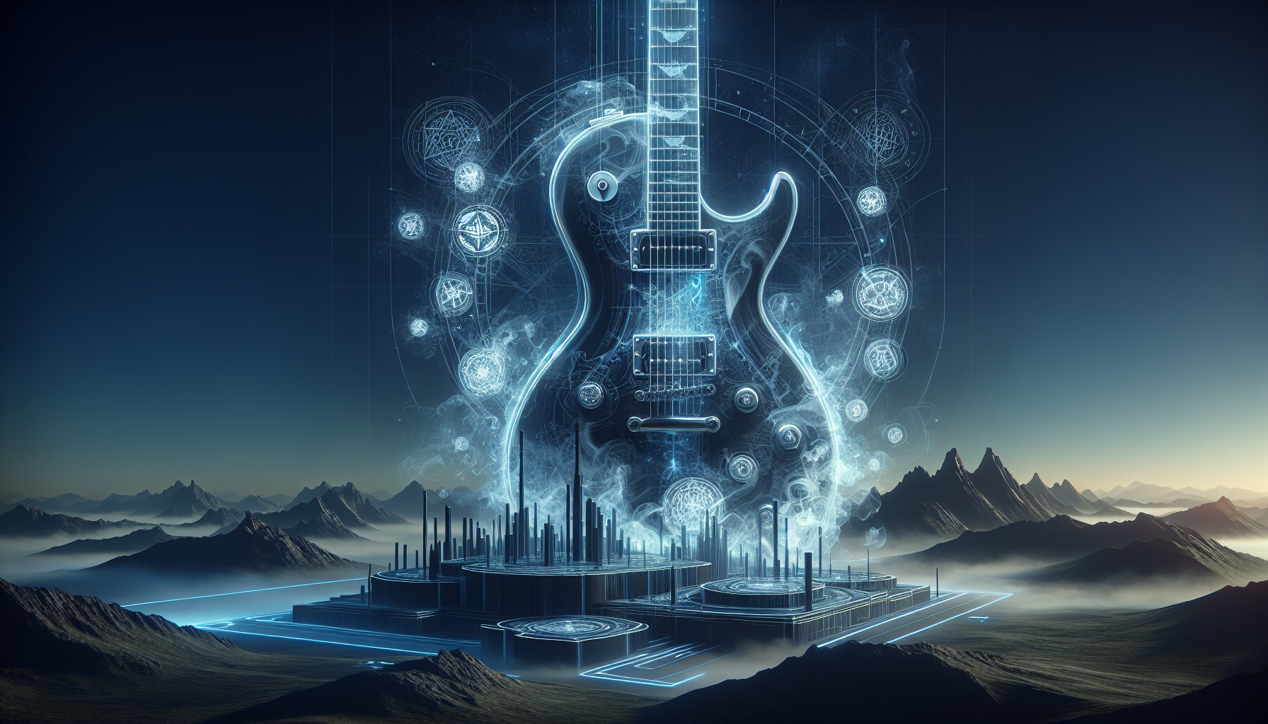 Widescreen 16:9 architectural concept art of a 'Self' guitar. The guitar is transparent, made of smoke and light, positioned in front of a distant, sharp mountain silhouette. Faint neon cyan outlines define the fretboard. The background is a deep navy blue twilight. Intricate white alchemical symbols float around the guitar body. High contrast, sharp edges, cinematic lighting, 19:6 aspect ratio style.