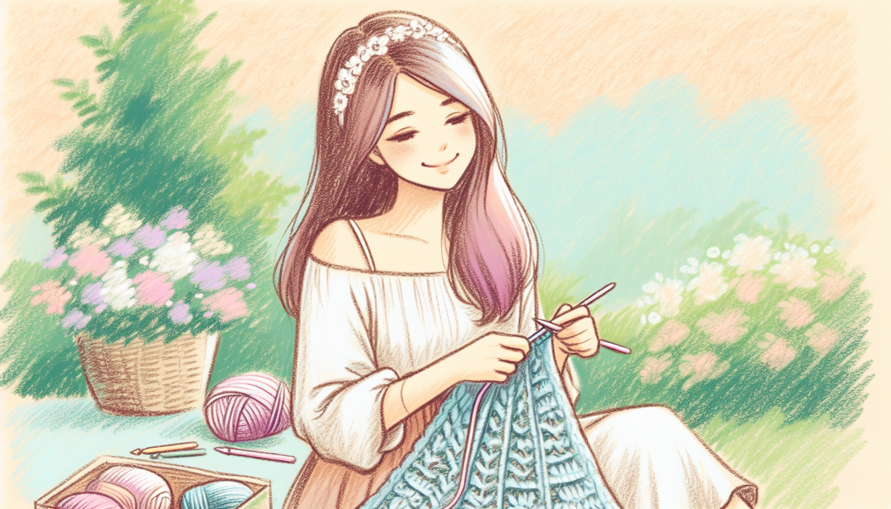 Crea la imagen de una joven de cabello castaño largo, sentada en un jardín, tejiendo a crochet. Se ve feliz y es una imagen dulce, en colores pasteles. 