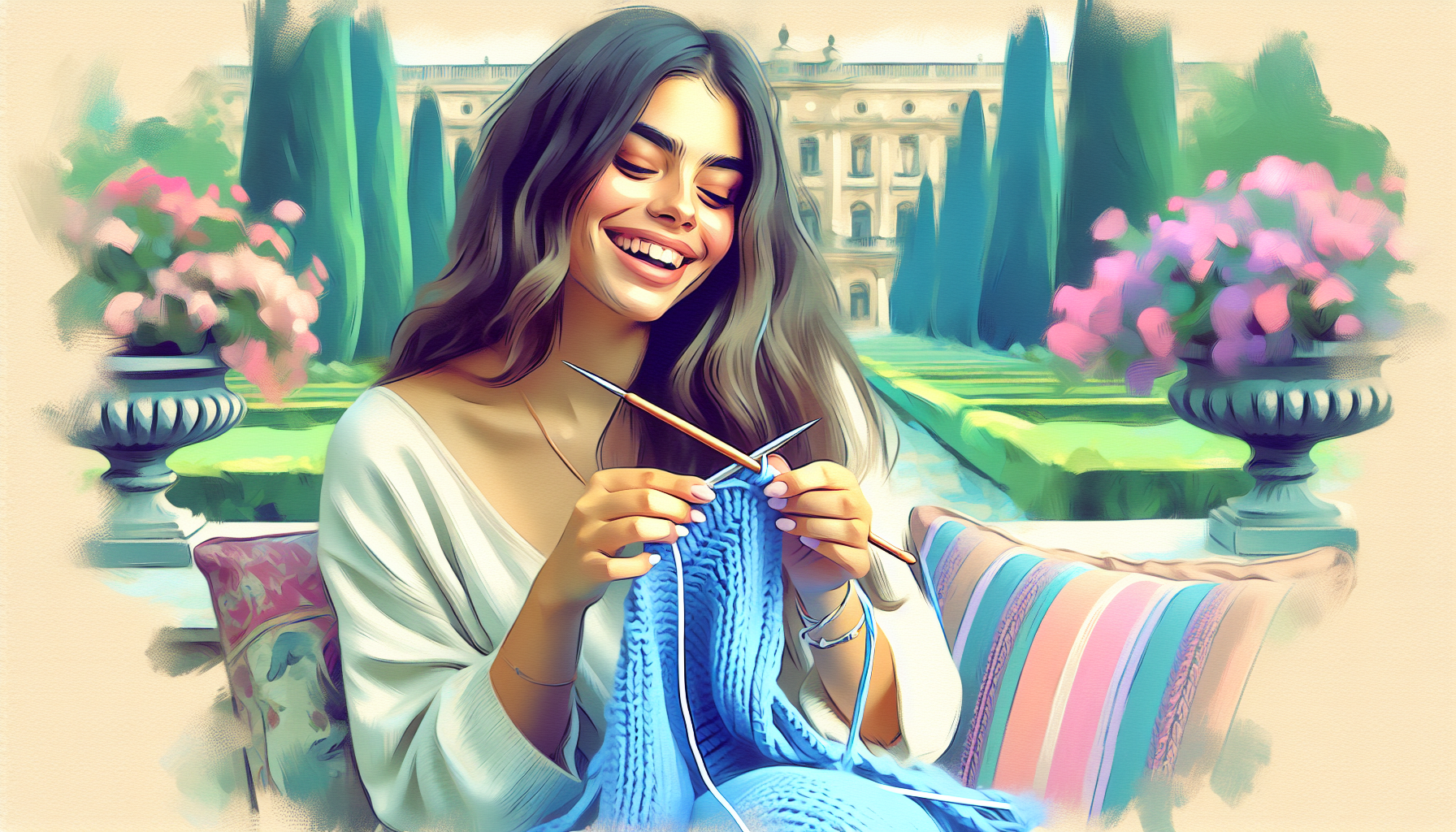 Crea la imagen de una joven de cabello castaño largo, sentada en un jardín, tejiendo a crochet. Se ve feliz y es una imagen dulce, en colores pasteles. 