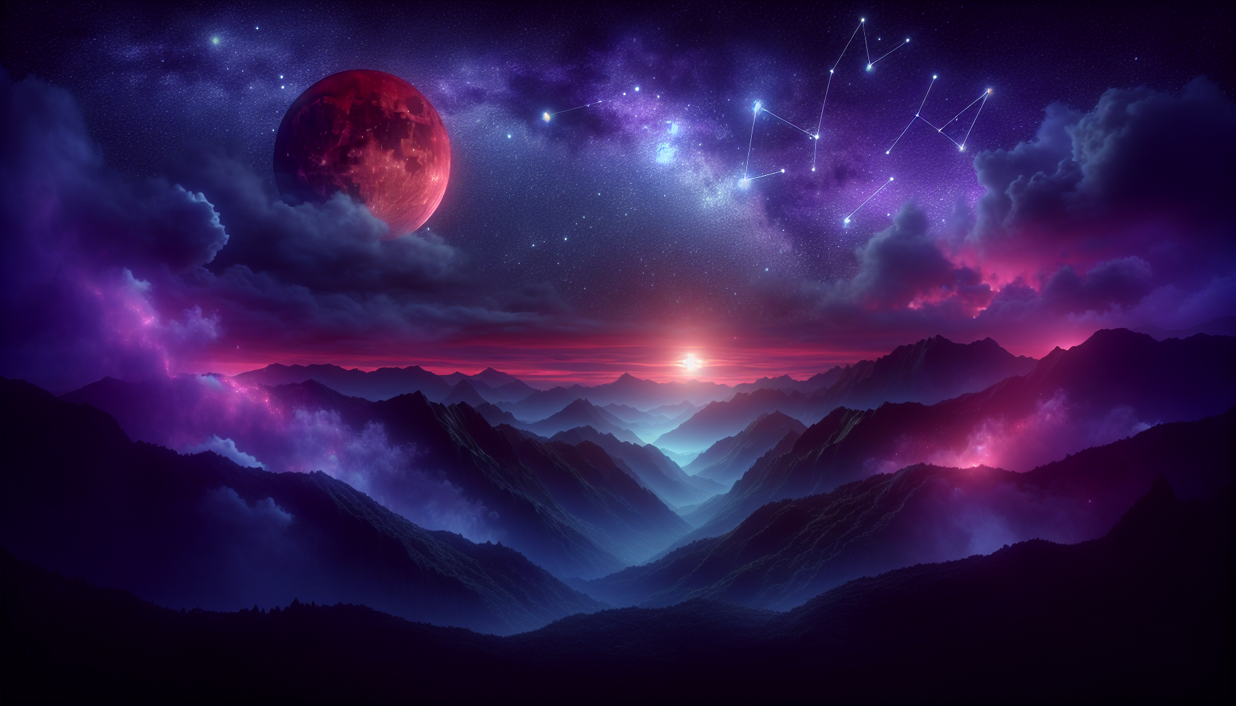 Capricorn constellation shining brightly over a shadowy mountain range, red moon looming behind, deep violet night sky, magical cosmic aura, cinematic, highly detailed.