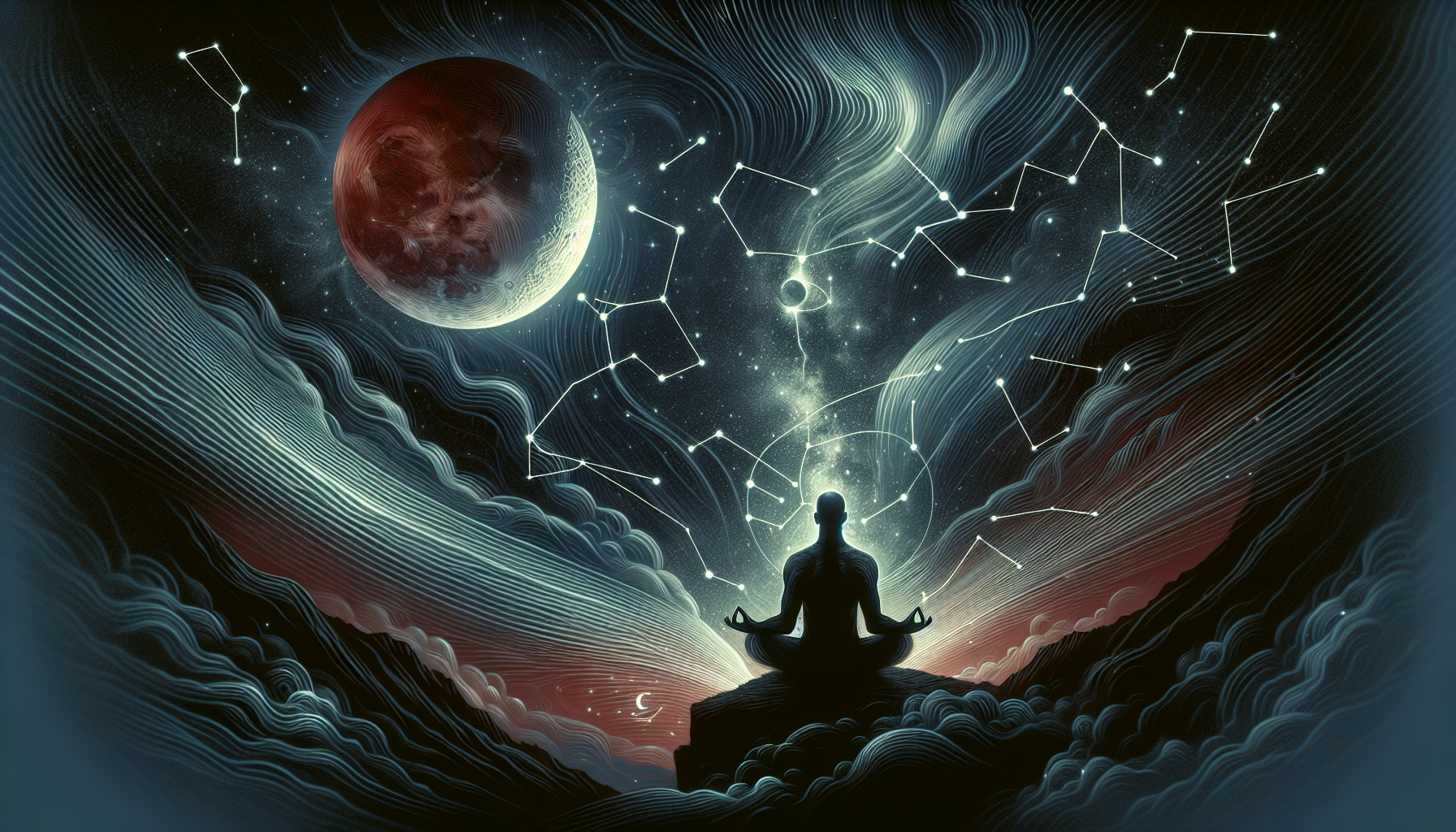 A lone figure meditating under a blood moon, Capricorn constellation circling overhead, energy lines flowing around, dark cosmic aesthetic, highly detailed illustration.