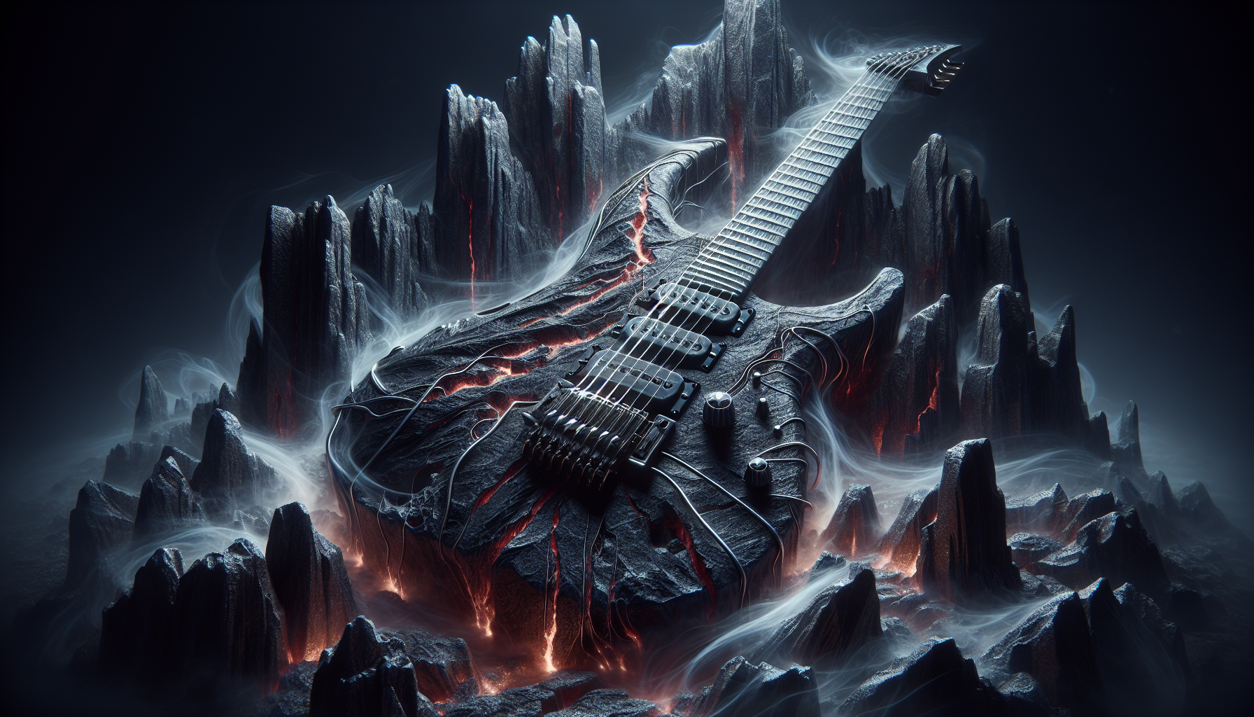 A dark electric guitar forged from a mountainous landscape, its body carved like jagged alpine cliffs with deep crevices and stone textures. The fretboard resembles an ancient ridge line, glowing faintly with ember-like runes. Metallic strings stretch like tensioned cables across a stormy summit. Mist swirls around the guitar as if the mountain itself is breathing. Dramatic low-angle lighting, cold moonlit highlights, and subtle red underglow from within the rock. Hyper-detailed, mythic, atmospheric, high contrast, cinematic realism.
