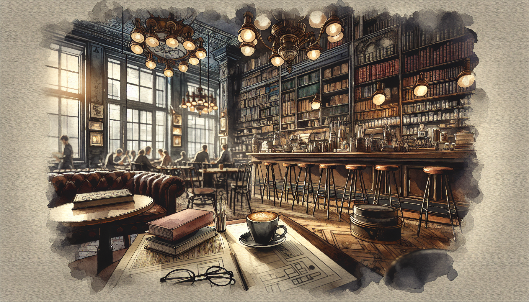 a coffee shop in semi realism and dark academia vibes