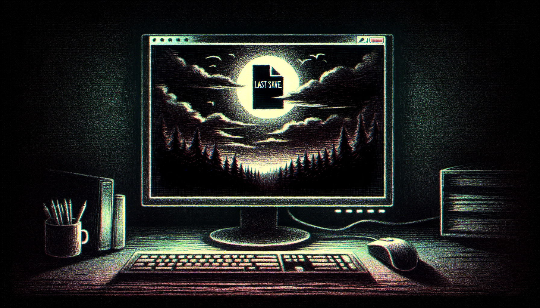 Scene 1 – Discovery
Dark computer desktop at night with a mysterious file named “LastWorldSave.zip” highlighted, faint screen glitch, horror atmosphere
