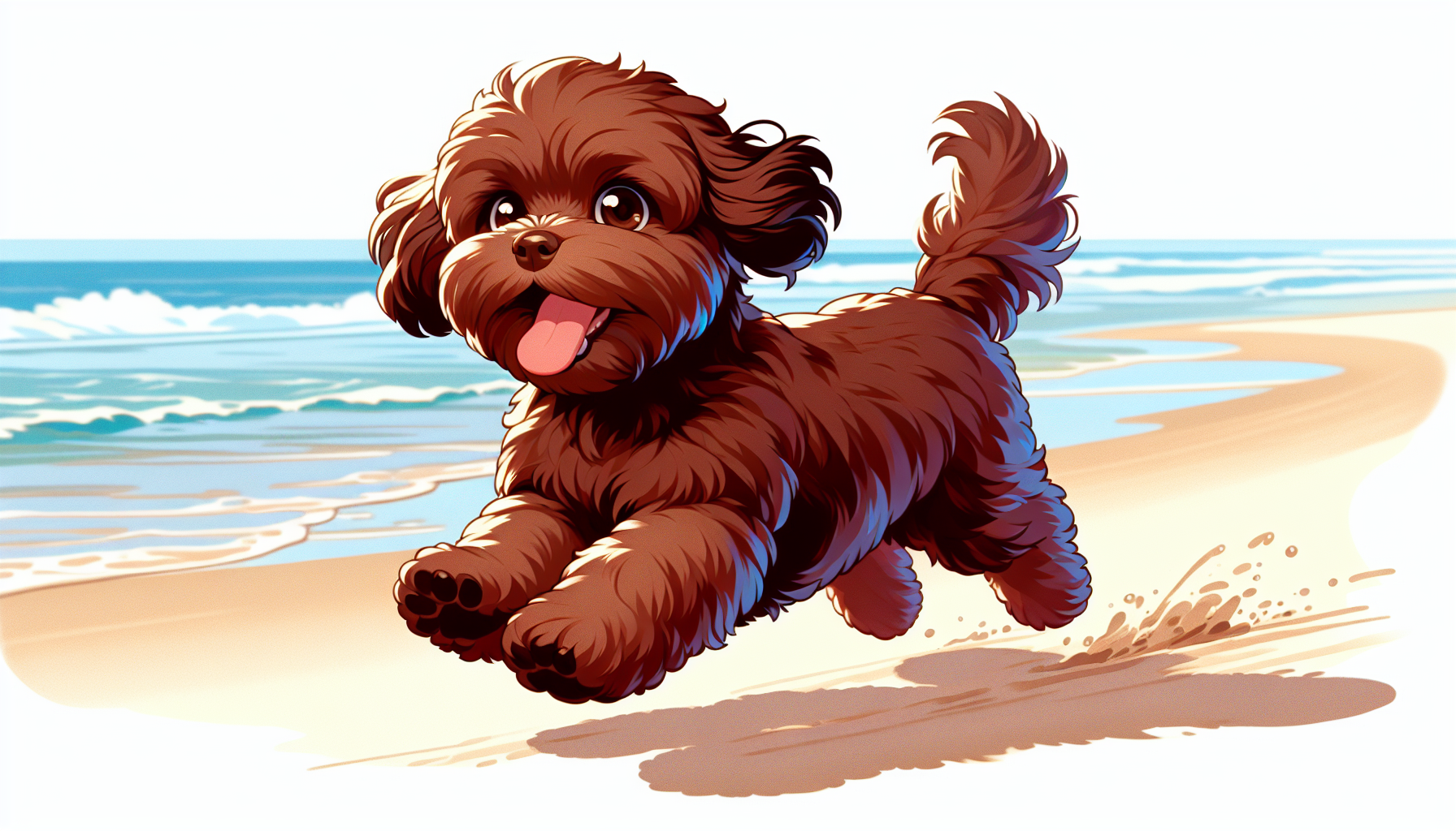 perrito maltipoo coclor chocolate corriendo en la playa