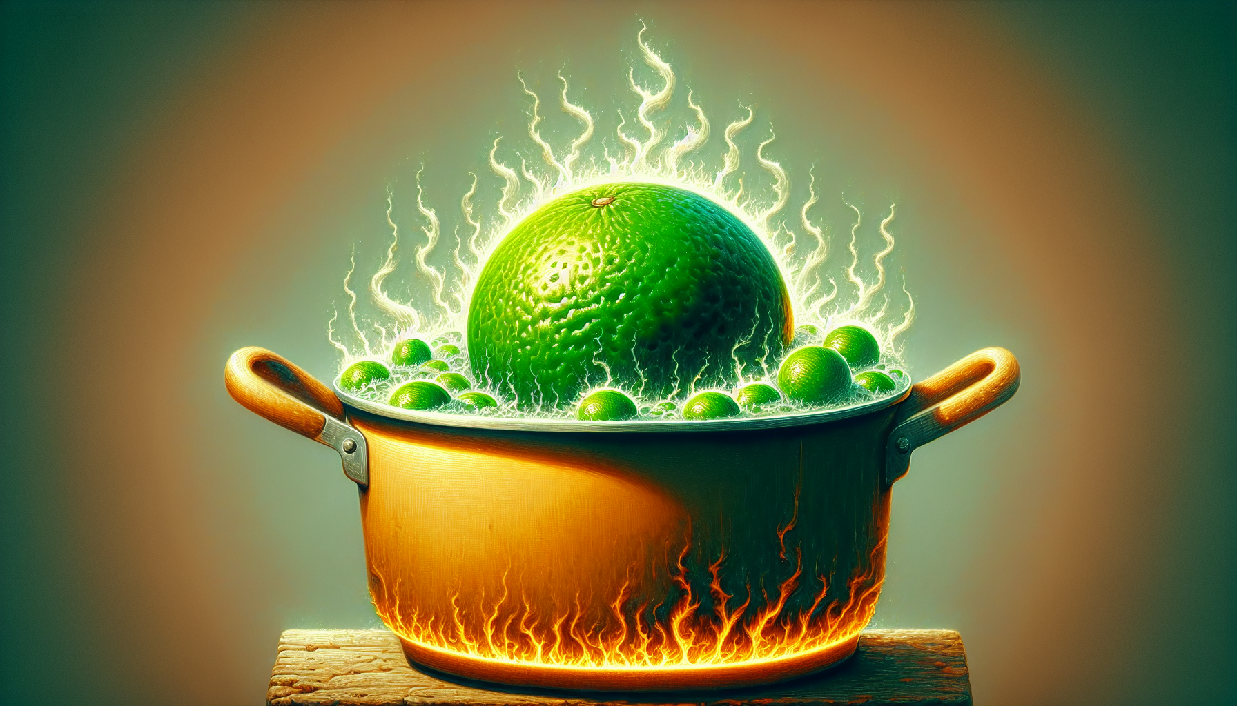 create a green lime, which is boiling in water in a light orange pot. the background is light brown