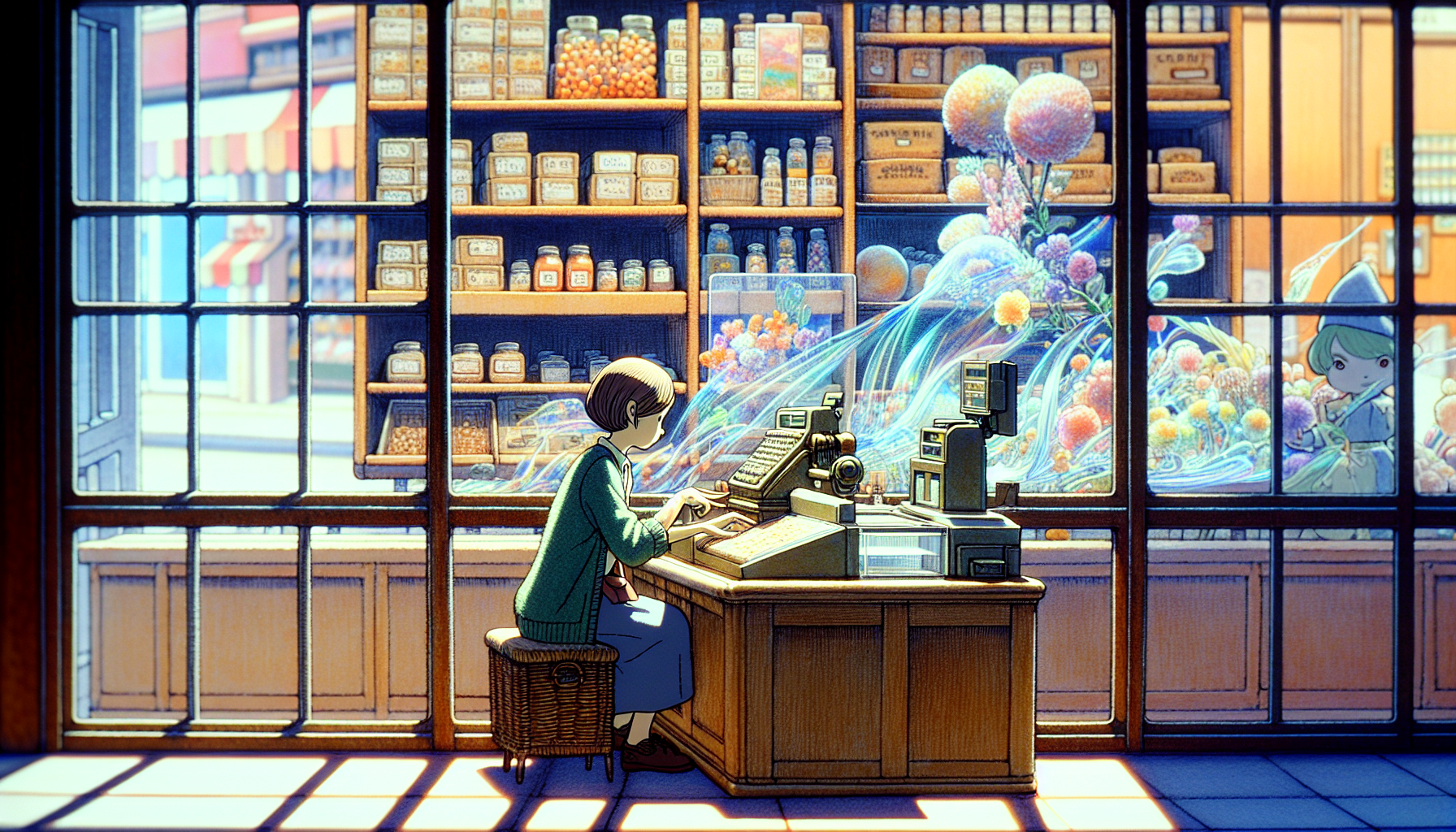 Девушка сидит на кассе магазина