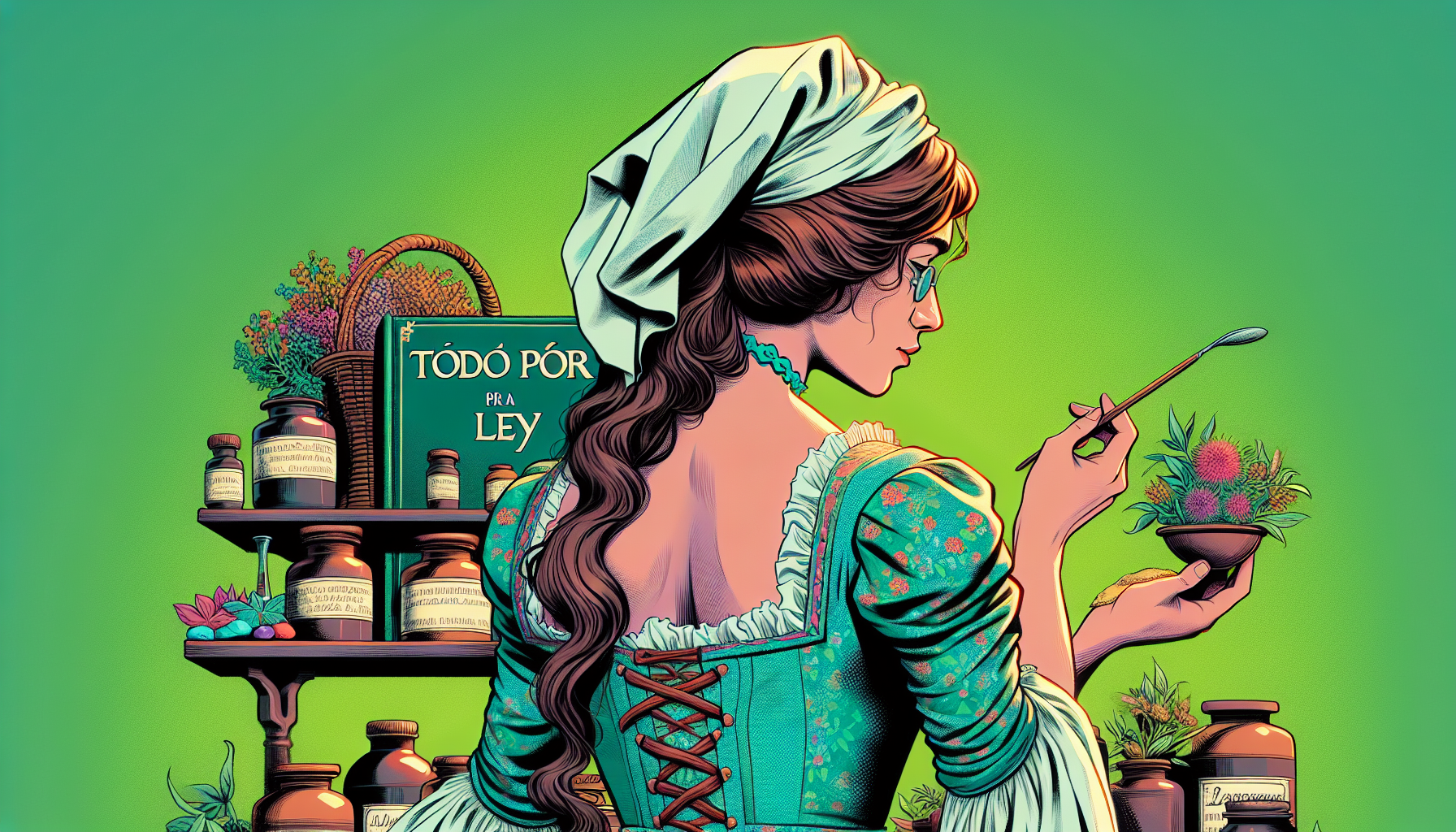 mujer vestida de boticaria con el cabello suelto, de espaldas, lleva unas cuantas hierbas medicinales en la mano, apoyada de lado izquierdo en un muro, con fondo verde. PARA PORTADA DE UN LIBRO CON TITULO "Todo por una ley"