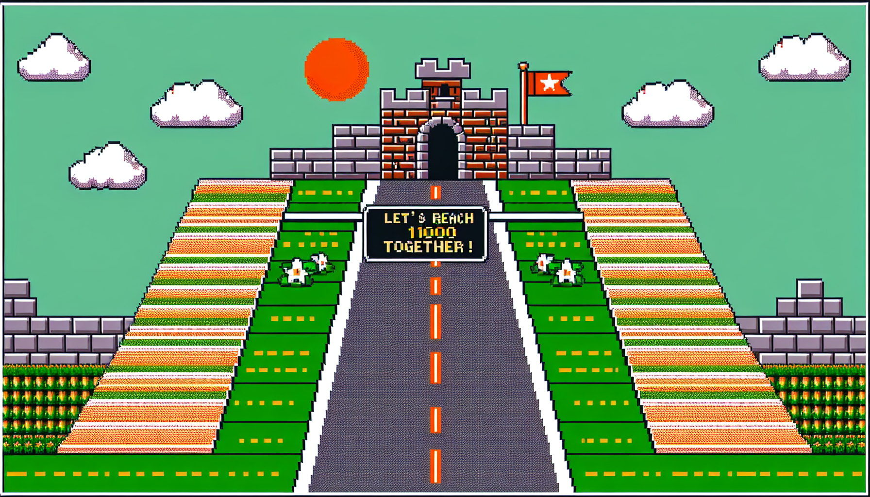 Пиксель-арт сцена: серая асфальтовая дорога с белыми разметками, уходящая вдаль. По бокам дороги — зелёные полосы с горизонтальными полосами (как в старых играх). Слева — кирпичный замок (10×8 блоков) с чёрной дверью, красным флагом с белой звездой на вершине. В верхнем левом углу — оранжевый пиксельный солнечный диск. В центре дороги — красная полоса с надписью «let’s reach 1000 together!» жёлтым шрифтом с чёрной тенью. Стиль: 8-битная графика, яркие контрастные цвета. Соотношение сторон -- 16:9.