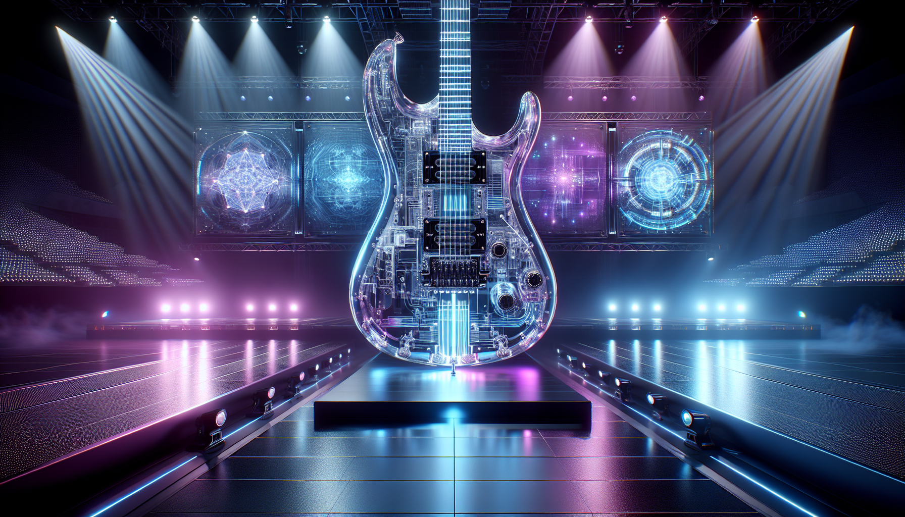 A large transparent electric guitar made of clear glass or acrylic material, standing upright on a futuristic stage. The guitar's body, neck, and headstock are completely see-through, revealing intricate internal circuitry with glowing neon blue and purple LED lights running through its transparent form. The stage features sleek metallic surfaces with holographic projections, geometric light patterns, and ambient fog effects. Dramatic stage lighting with cyan and magenta beams cuts through the darkness, illuminating the crystalline guitar. The background shows a high-tech concert venue with LED screens displaying abstract digital patterns. Ultra-modern atmosphere with a cyberpunk aesthetic, professional concert photography style, high contrast lighting, 8k resolution, photorealistic rendering.