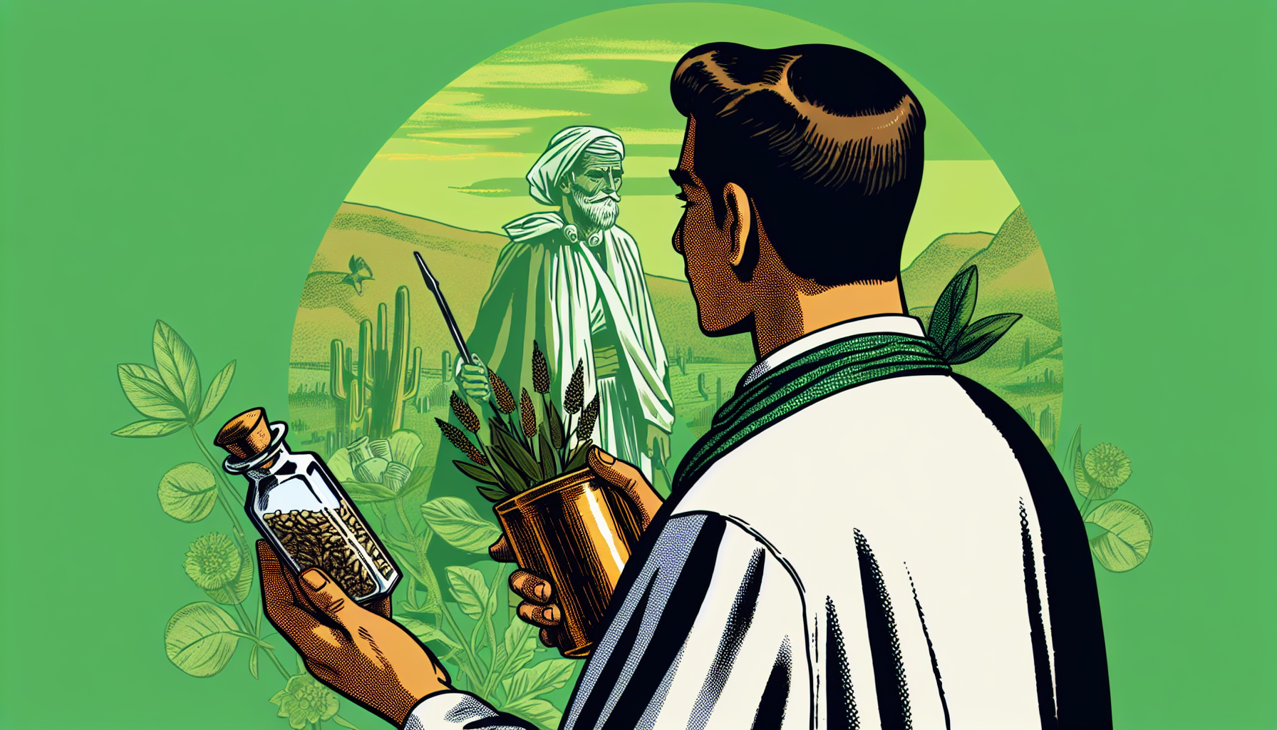 mujer vestida de boticaria con el cabello suelto, de espaldas, lleva unas cuantas hierbas medicinales en la mano, apoyada de lado izquierdo en un muro, con fondo verde. PARA PORTADA DE UN LIBRO CON TITULO "Todo por una absurda ley"