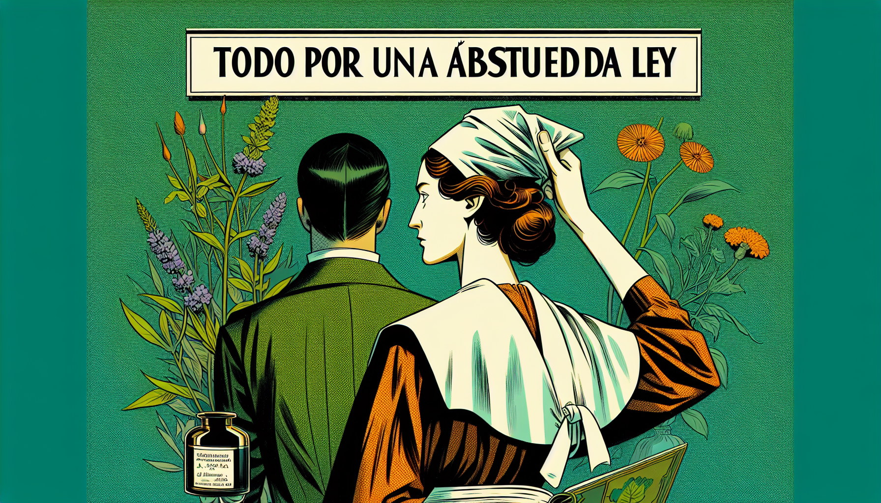 mujer vestida de boticaria con el cabello suelto, de espaldas, lleva unas cuantas hierbas medicinales en la mano, apoyada de lado izquierdo en un muro, con fondo verde. PARA PORTADA DE UN LIBRO CON TITULO "Todo por una absurda ley
