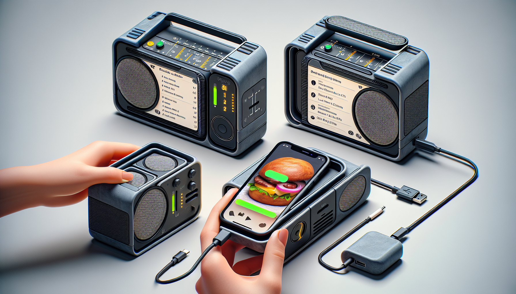 The product is primarily a bluetooth speaker.
Its front dimensions are about 3” high by 6” wide – the average dimensions of a smart phone.
It is as deep as it needs to be to include decent speakers and the necessary circuitry, and a rechargeable battery, probably about 2”.
The speaker’s frame slides the speakers apart to become a frame that holds a smart phone, with the phone in the middle in landscape mode, and a speaker on the left and right sides of the phone.
When the phone is inserted into the expanded frame, an integrated charger charges the phone.
When the phone is inserted into the frame, it plugs into a USB-C plug.
Make a set of 3D models of this device showing it:
    1. slid together, so only the two 3”x3” square speakers are visible,
    2. slid apart, with a space for the phone between them, with a USB-C plug sticking out the left side facing the speaker on the right,
    3. slid apart, with a phone in the space, with hands holding the device, and a video on the screen,
    4. slid apart, with a phone in the space, showing the phone being charged, and
    5. slid apart, with a phone in the space, on a counter showing a retro radio interface,
    6. slid apart, with a phone in the space, on a kitchen counter showing a recipe,
    7. slid apart, with a phone in the space, with a bedside stand with an alarm clock interface.