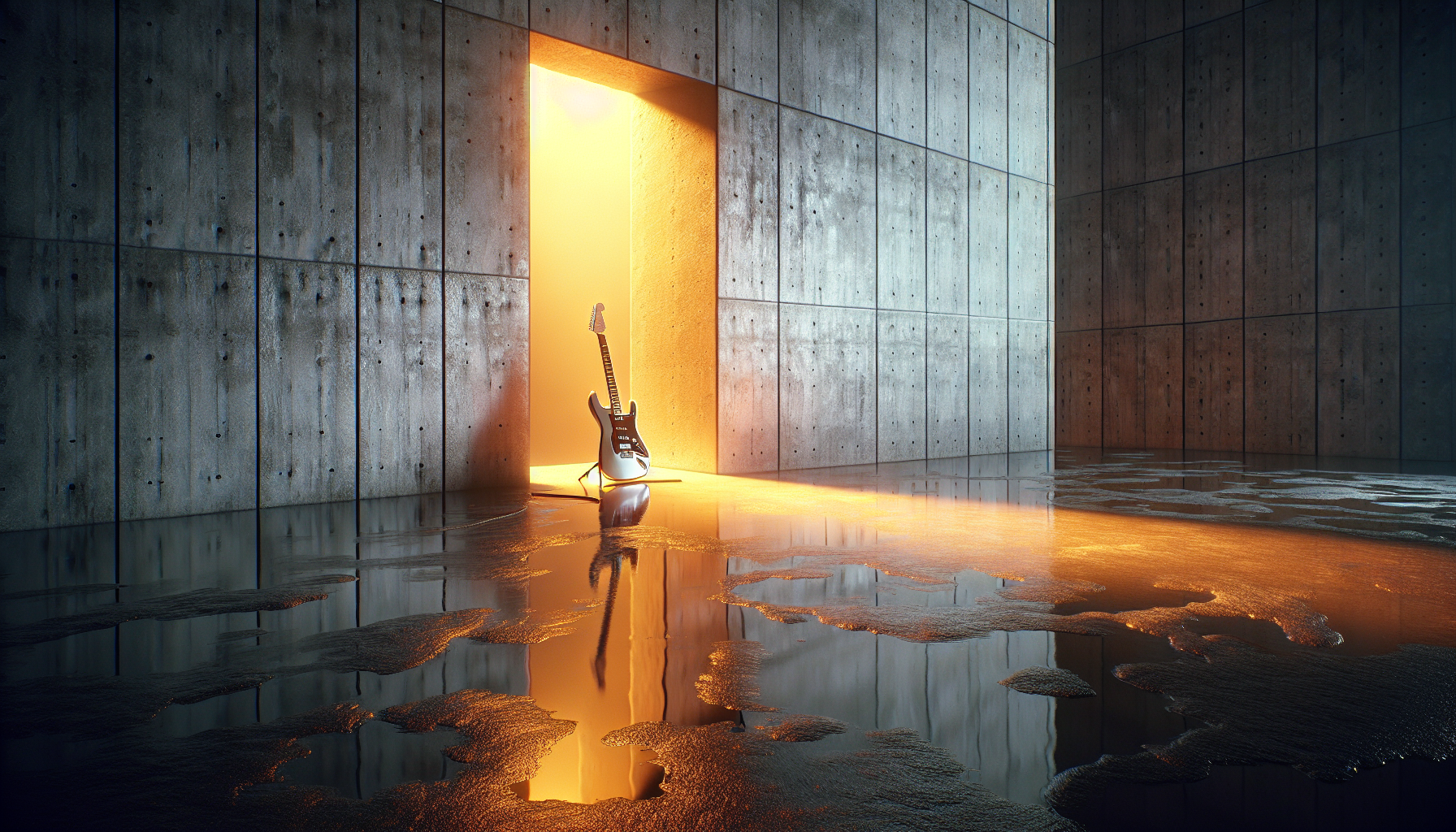 A single, transparent electric guitar leaning against a massive, Cold Concrete wall. The only light is a Warm Amber glow from a single window. The floor is wet from the London Rain, reflecting Greys and Golds.