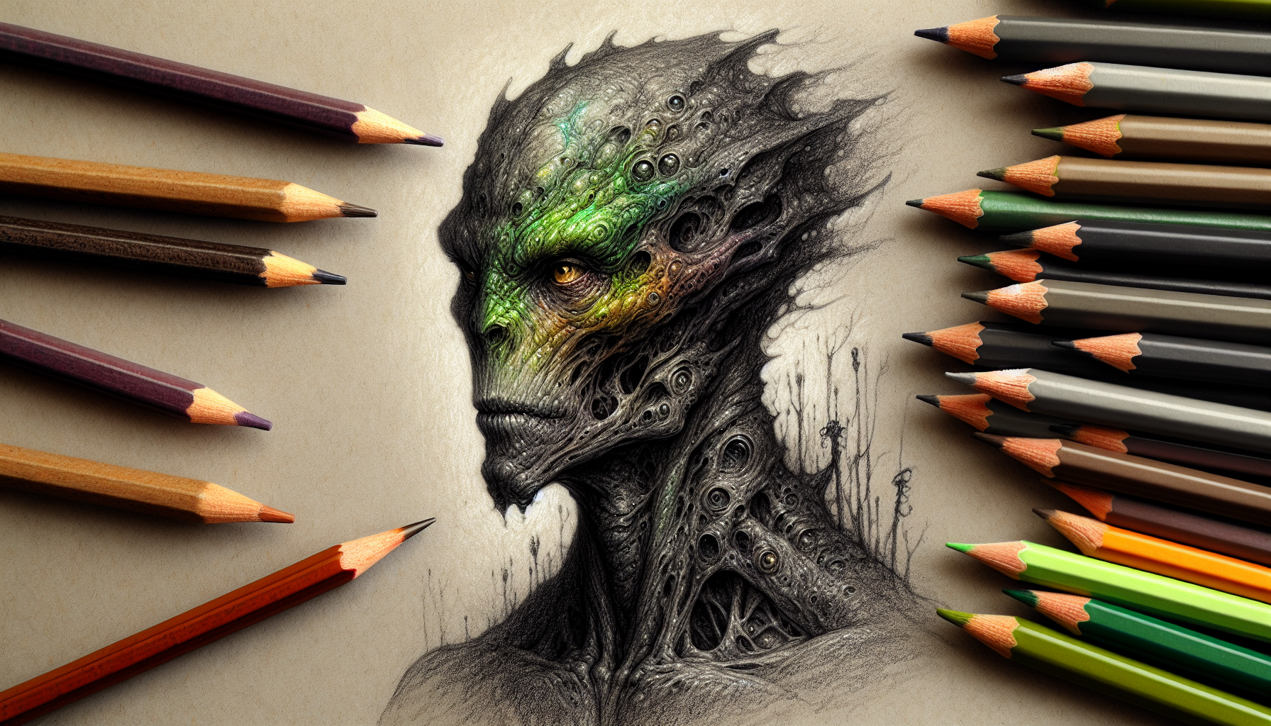 Traditional hand-drawn portrait, dark strong pencil linework, detailed graphite sketch base, colored using realistic colored pencil shading, subtle paper texture, semi-realistic anatomy, fantasy portrait illustration.

A humanoid fantasy race with unnatural skin tones such as grey, green, or blotchy purple. Skin appears rough and uneven. Hair is patchy, wiry, or partially missing. The figure has mutated fantasy features such as extra limbs, glowing eyes, or irregular bone structure. Otherworldly mutated species, not human. Neutral dark background. Portrait framing, head and shoulders.
