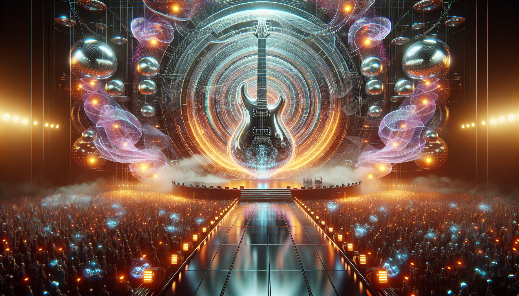 Massive transparent electric guitar floating in the middle of a shimmering futuristic concert stage, holographic lights swirling around it, neon Citrine and orange glow, sleek chrome domes, a packed crowd of cybernetic fans, cinematic wide-angle view, ultra‑realistic 8K detail, dramatic spotlighting, high contrast, atmospheric fog, hyperrealistic style, ultra-detailed, glossy surface, echoing stage floor, dynamic depth of field.