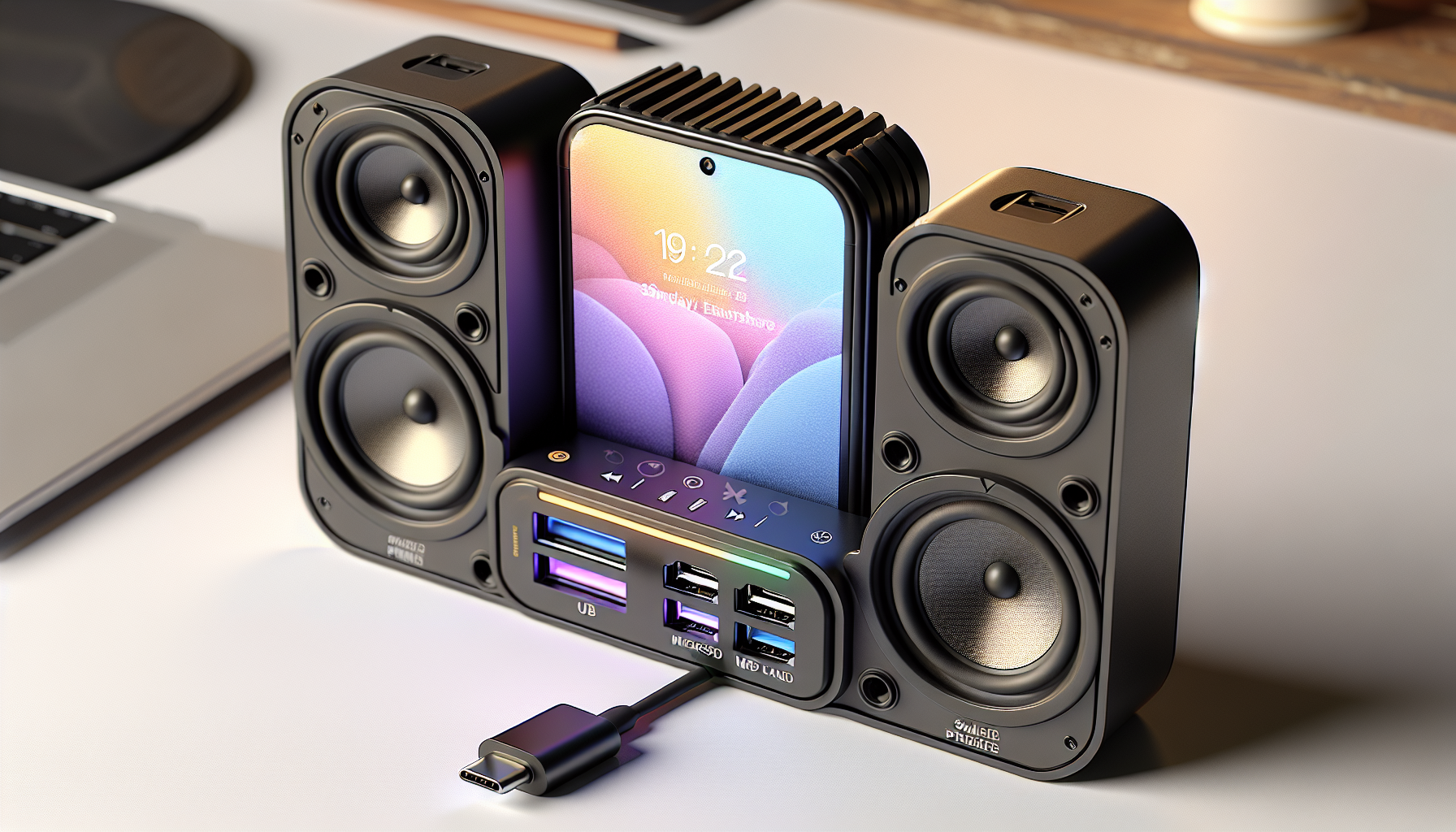 It is about 3” high by 6” wide – the average dimensions of a smart phone – by 2” deep.
When the user grasps the speakers and pulls them apart, they slide on rails that open to create an area where a smart phone can be placed in landscape mode, with the speakers on the left and right sides of the phone.
When the phone is inserted into the frame, it plugs into a USB-C plug. This charges the phone, and connects to the speakers without needing to mess with bluetooth. It also allows the device to be used as a USB hub, including a microSD card slot, for backing up the phone.