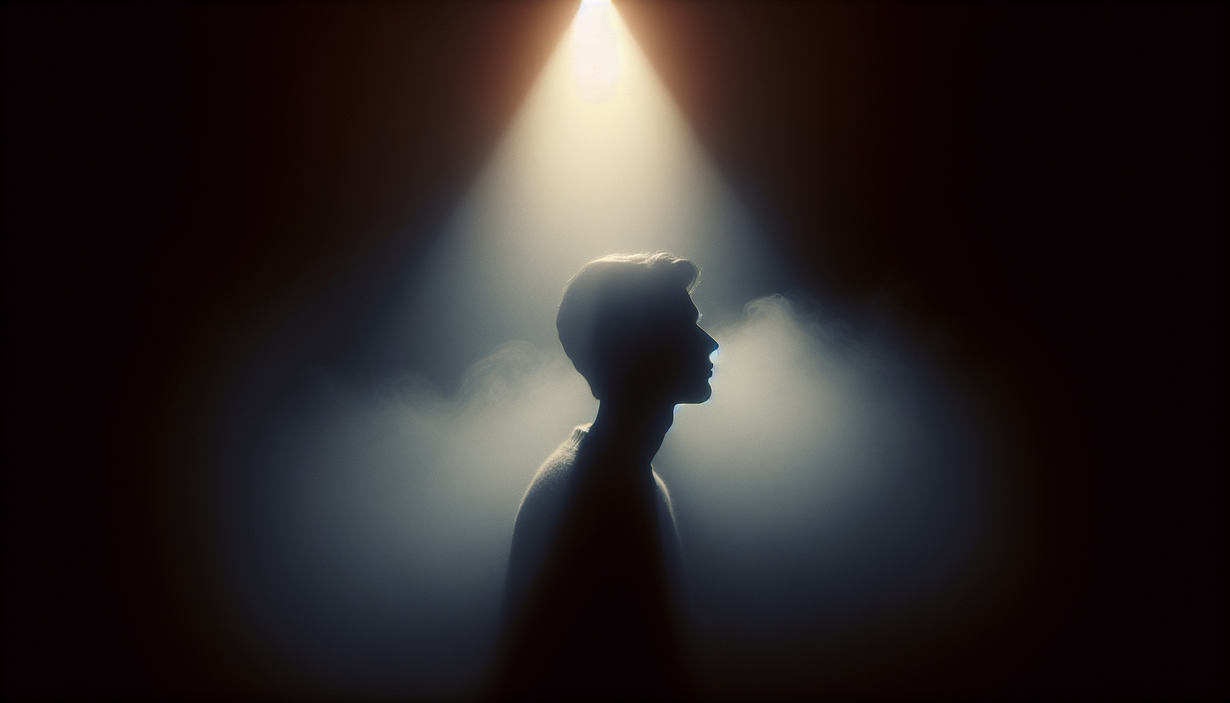 side profile silhouette of a person against dim light, minimalistic background, soft fog, strong contrast, artistic composition, mysterious and classy, cinematic lighting, high resolution
