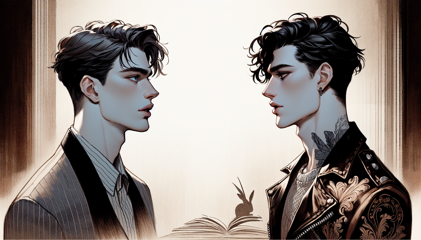 two young male frontmen standing face to face, leaning slightly toward each other, intense romantic tension, intimate eye contact, minimalist background, semi-realistic romantic graphic novel illustration, messy pencil sketch texture, visible pencil strokes, soft shading, muted colour palette, indie literary aesthetic, gentle dramatic lighting, white space for text overlay
first man: slightly broader build, high cheekbones with subtle hollow beneath, strong defined jaw without being boxy, bold eyebrows, button nose, full lips, striking bright blue eyes, heavy smudged black eyeliner around the eyes, clearly visible, thick dark tousled hair with volume
second man: lean athletic build, fractionally taller, longer face, sharper cheekbones, stronger angular jawline,  dark brown eyes with long lashes, subtle but noticeable black eyeliner around the eyes, short dark hair dyed black in soft messy spikes, charismatic presence
pop punk stage aesthetic, rock frontman styling, visible black eyeliner makeup on both men
