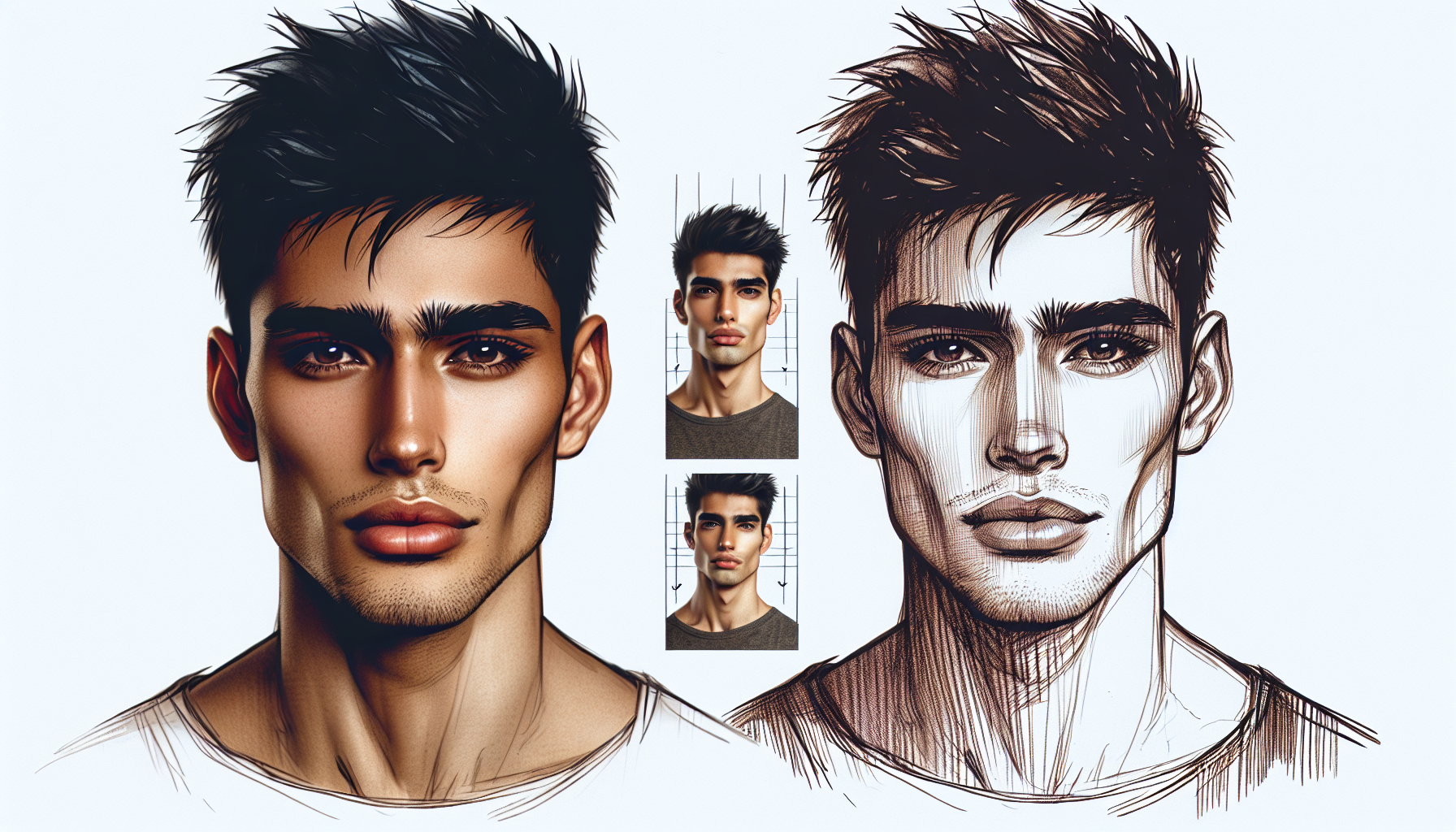 Front-facing portrait of a young male pop punk frontman, lean athletic build, fractionally taller than average, longer face, sharper cheekbones, stronger angled jawline, dark brown eyes with long eyelashes, short dark hair dyed black, styled in soft messy spikes with product, confident, relaxed posture, charismatic presence, intense romantic tension hinted, semi-realistic romantic graphic novel illustration, messy pencil sketch texture, visible pencil strokes, soft shading, muted color palette, indie literary aesthetic, gentle dramatic lighting, minimalist background, white space above for text overlay.