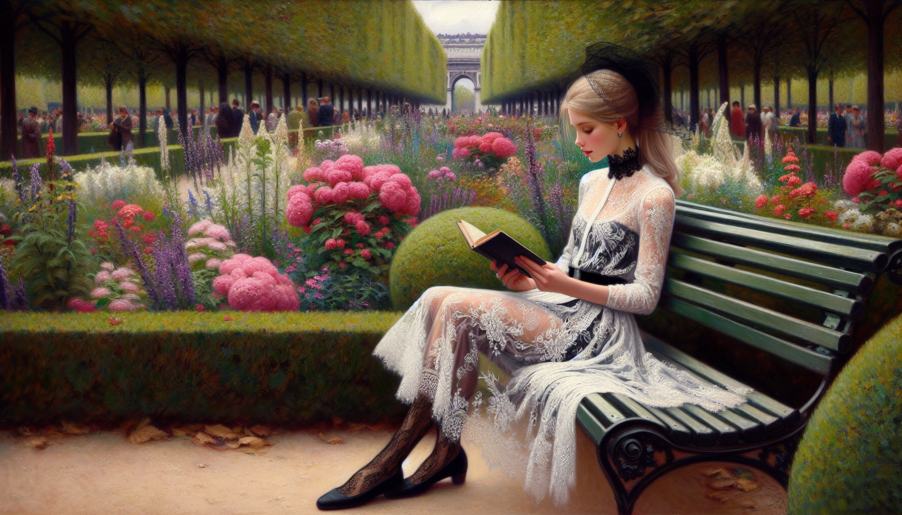 In the park, near a flower bed, a thin, fair-haired girl in a black veil and a very short, white, lace, translucent sundress, in black lace stockings, sits on a bench, reading a book.