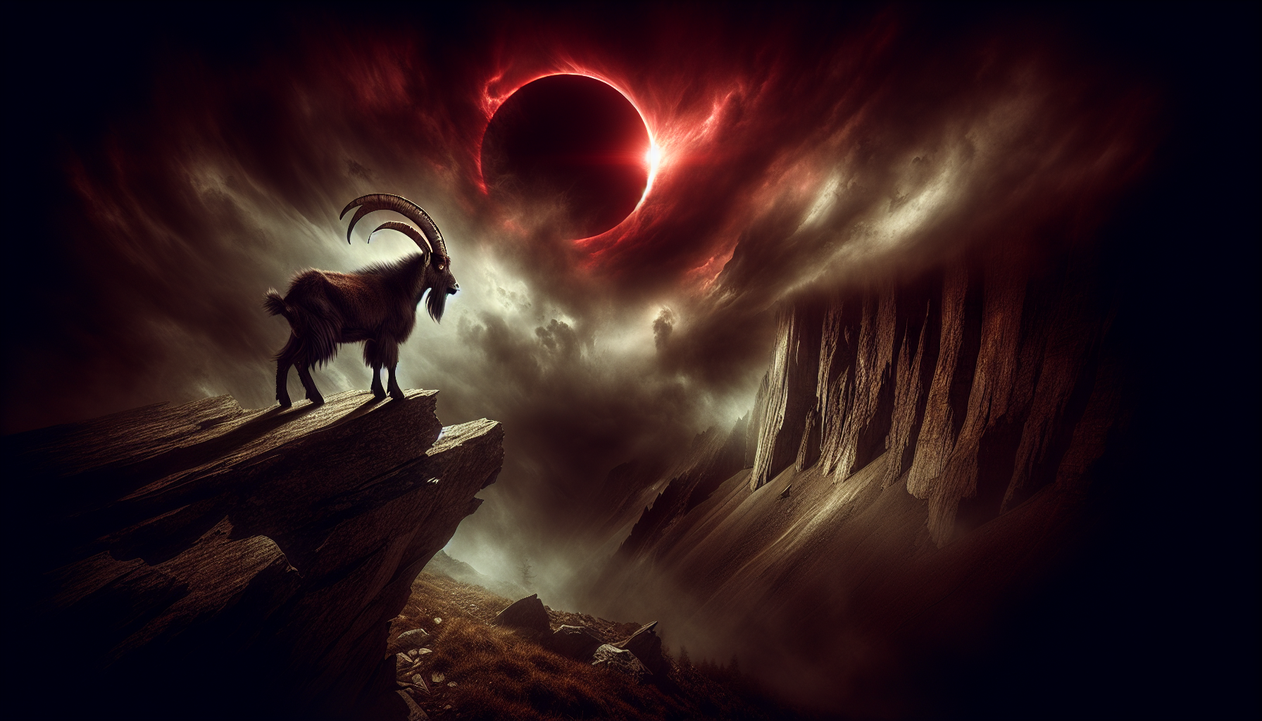 Dark cinematic scene of a Capricorn mountain goat standing on a sharp cliff edge under a deep red solar eclipse sky, black clouds swirling, dramatic shadows, ultra detailed, dark fantasy realism, 4k