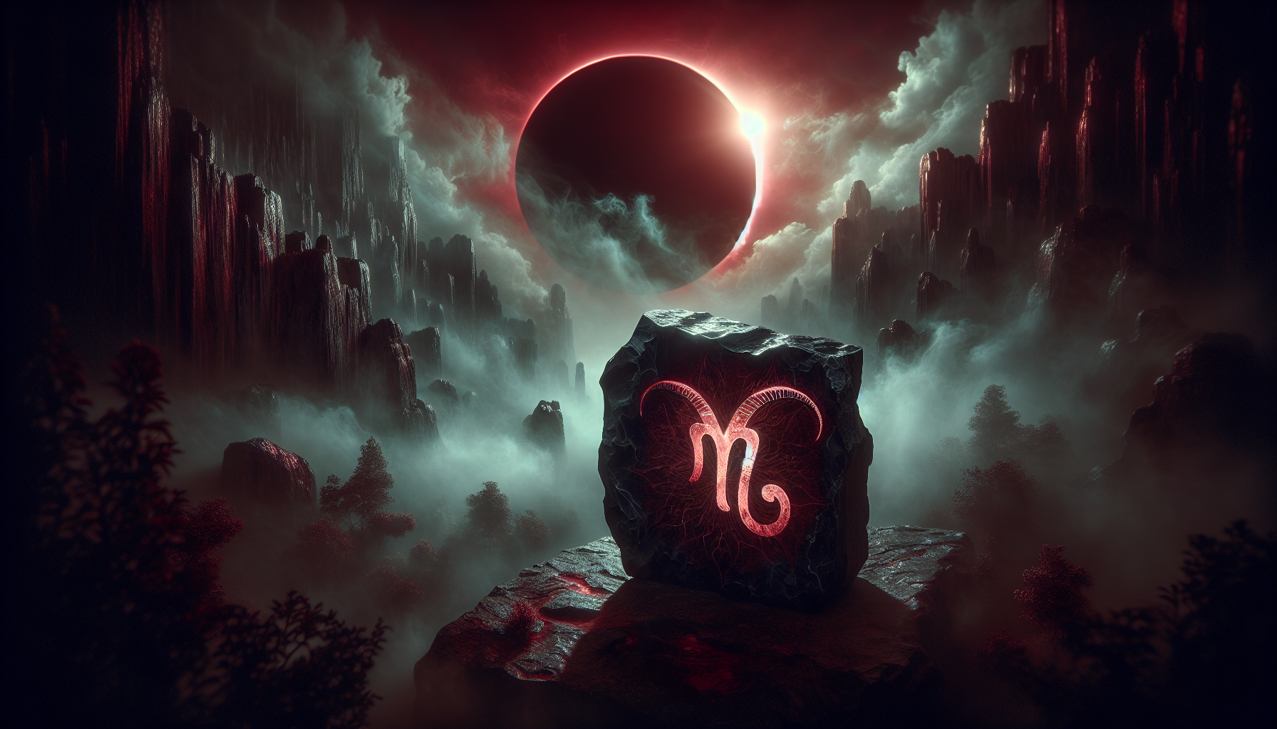 Capricorn symbol carved into obsidian rock glowing faintly under a blood red solar eclipse, smoky air, deep blue and burgundy palette, dark mystical style, ultra detailed