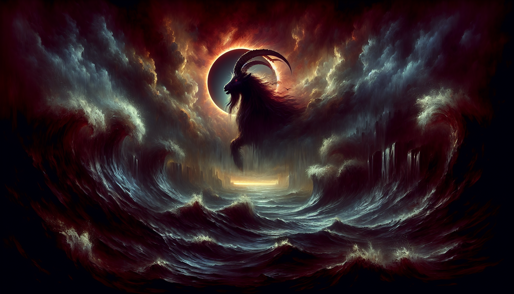 Powerful sea goat rising from dark ocean waves during a ring of fire eclipse, stormy sky, deep indigo and maroon tones, epic fantasy realism, cinematic composition