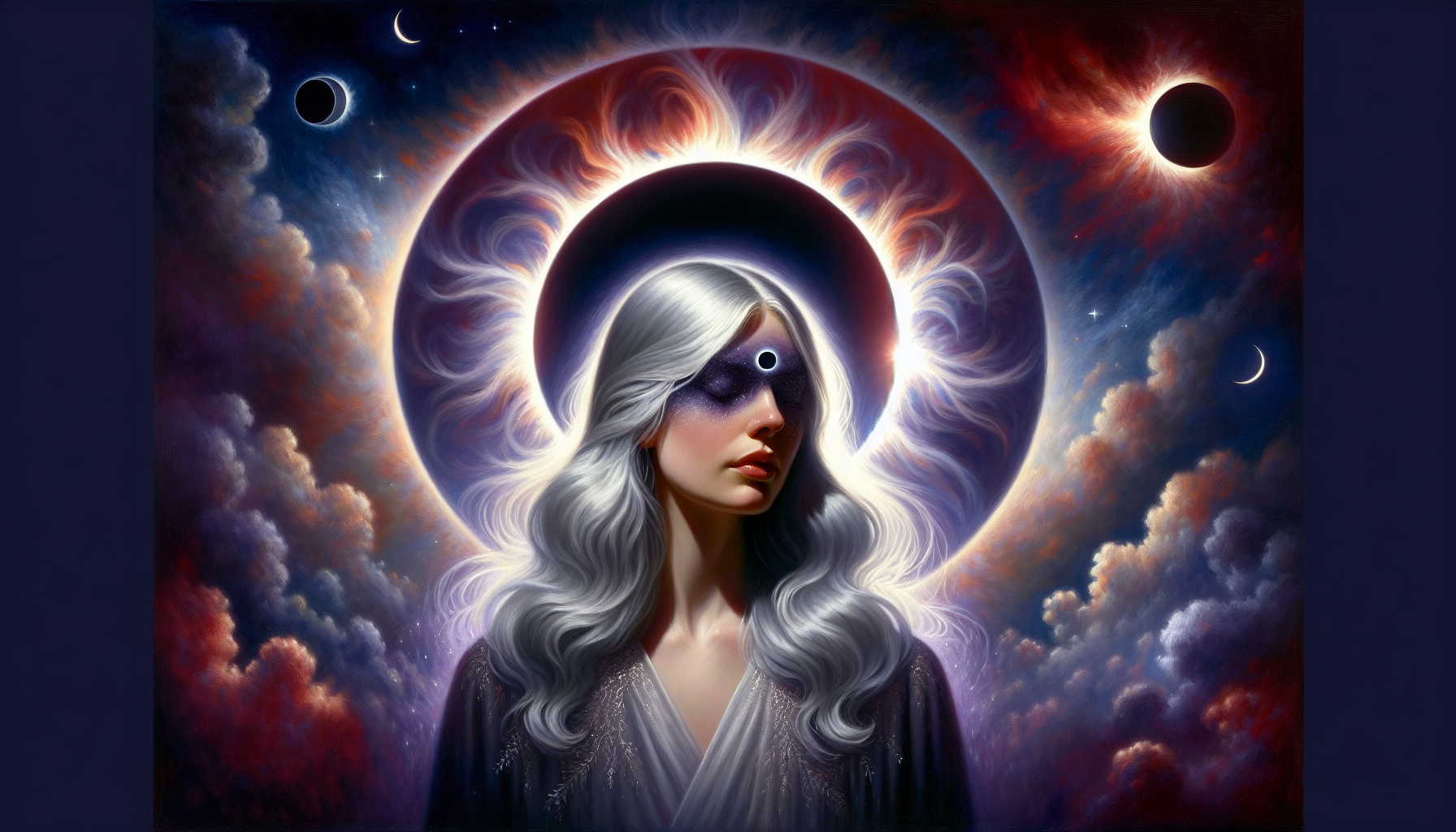 Capricorn woman with silver hair illuminated by eclipse halo behind her head, dark celestial background, deep indigo and crimson color grading